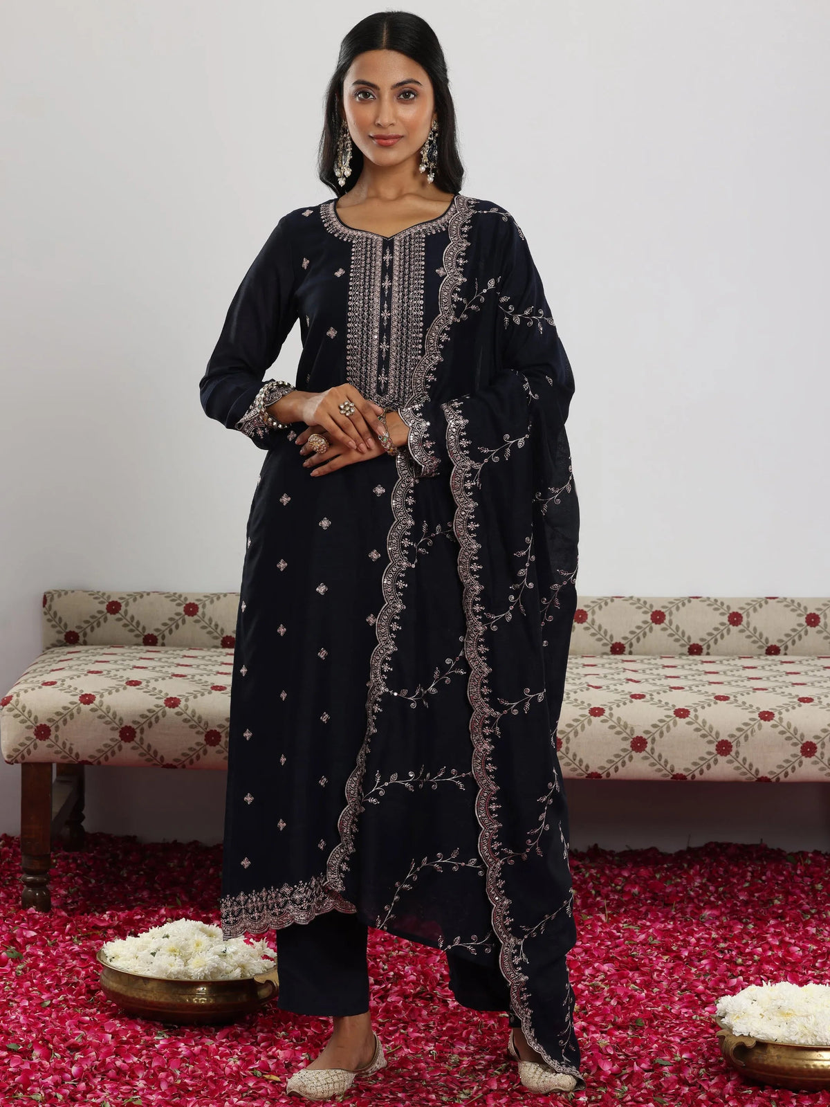 Anouk Navy Embroidered Silk Blend Straight Suit With Dupatta