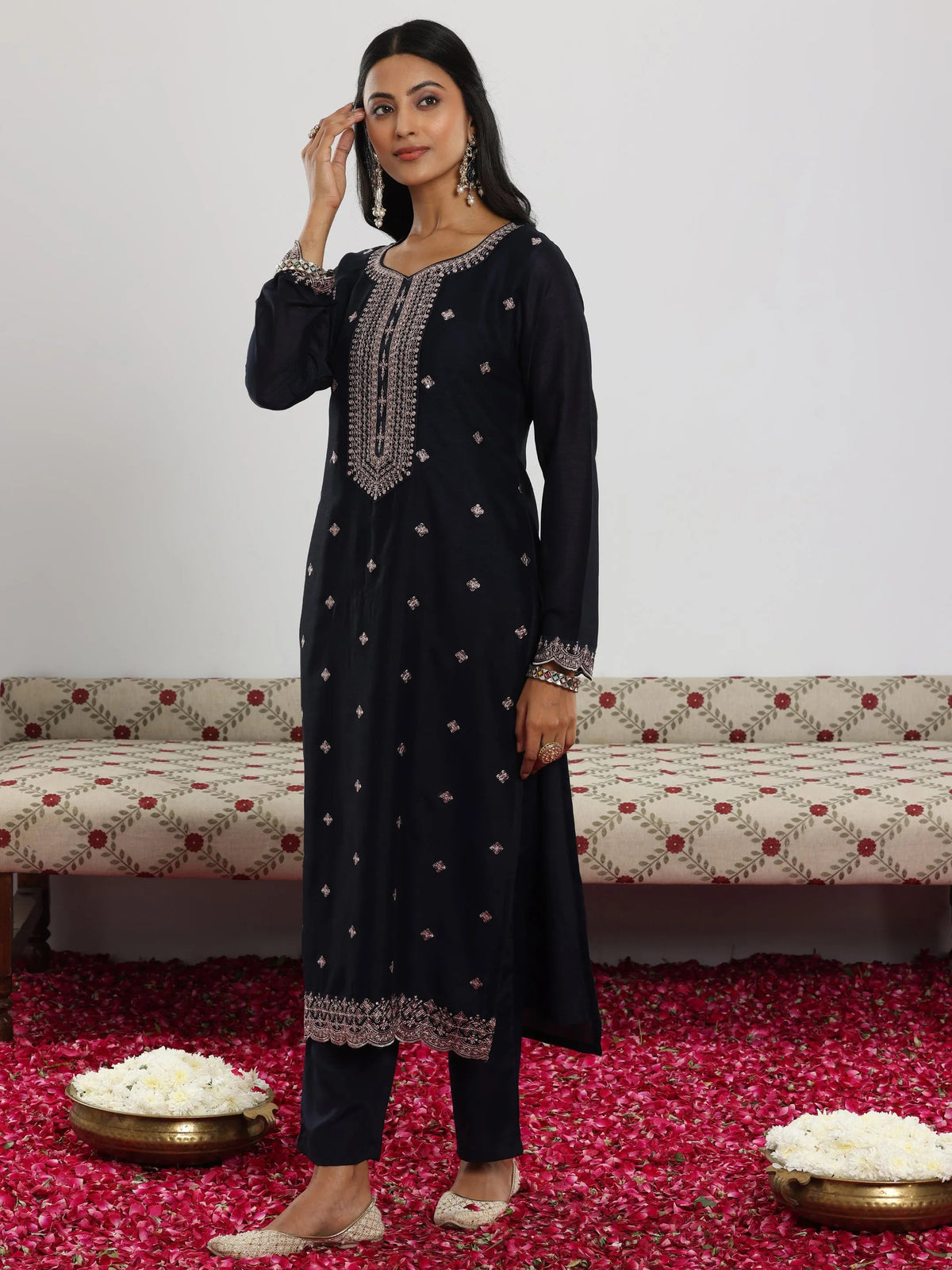 Anouk Navy Embroidered Silk Blend Straight Suit With Dupatta