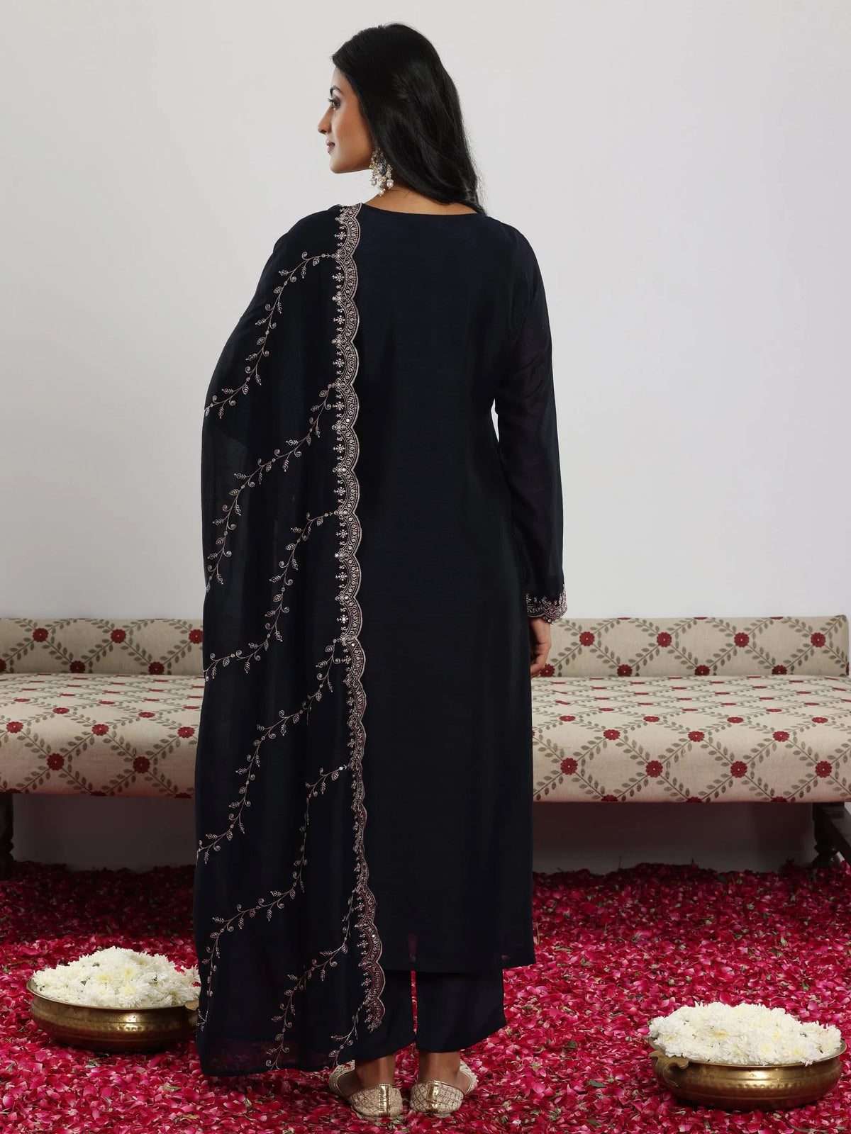 Anouk Navy Embroidered Silk Blend Straight Suit With Dupatta
