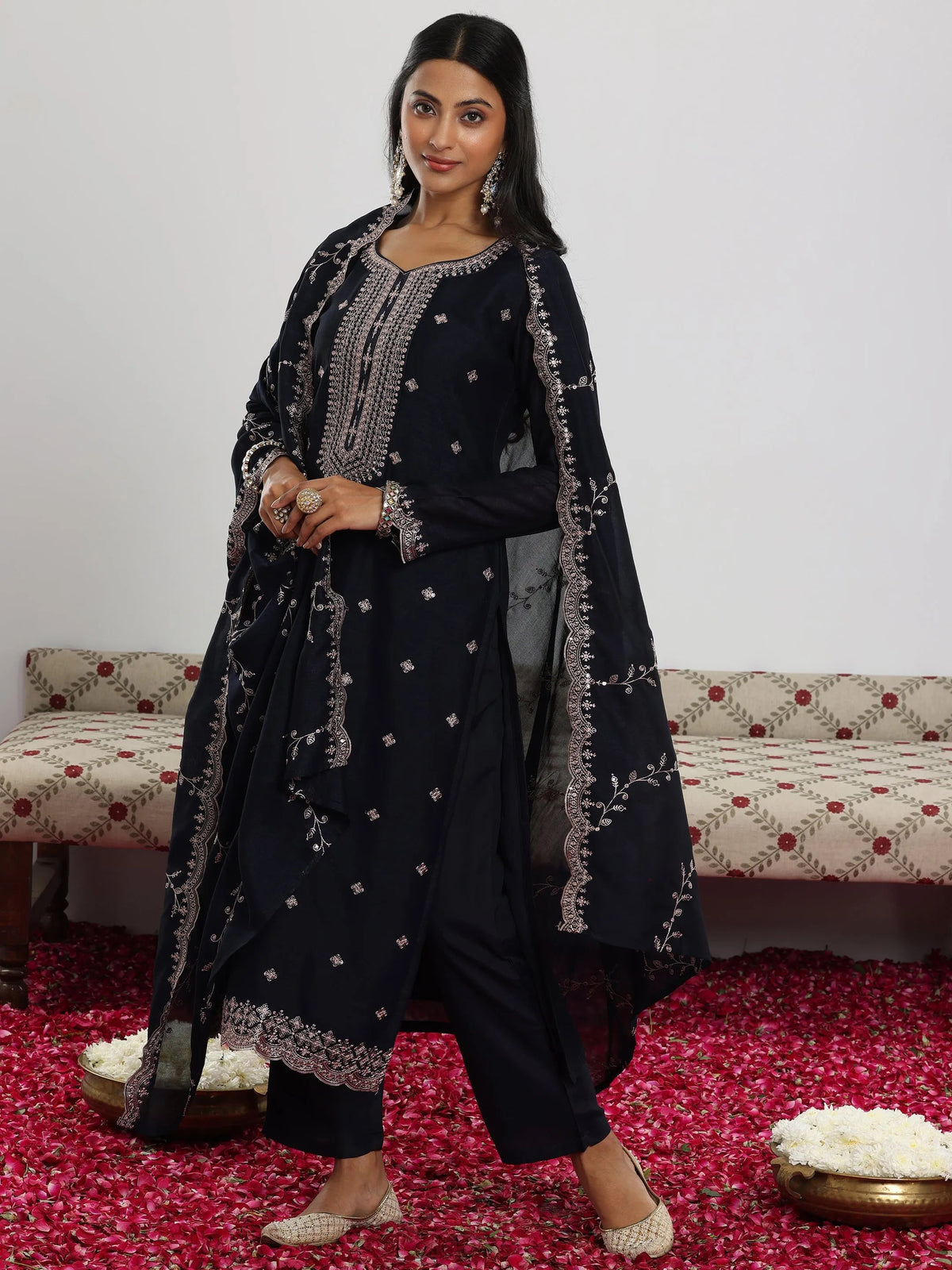 Anouk Navy Embroidered Silk Blend Straight Suit With Dupatta