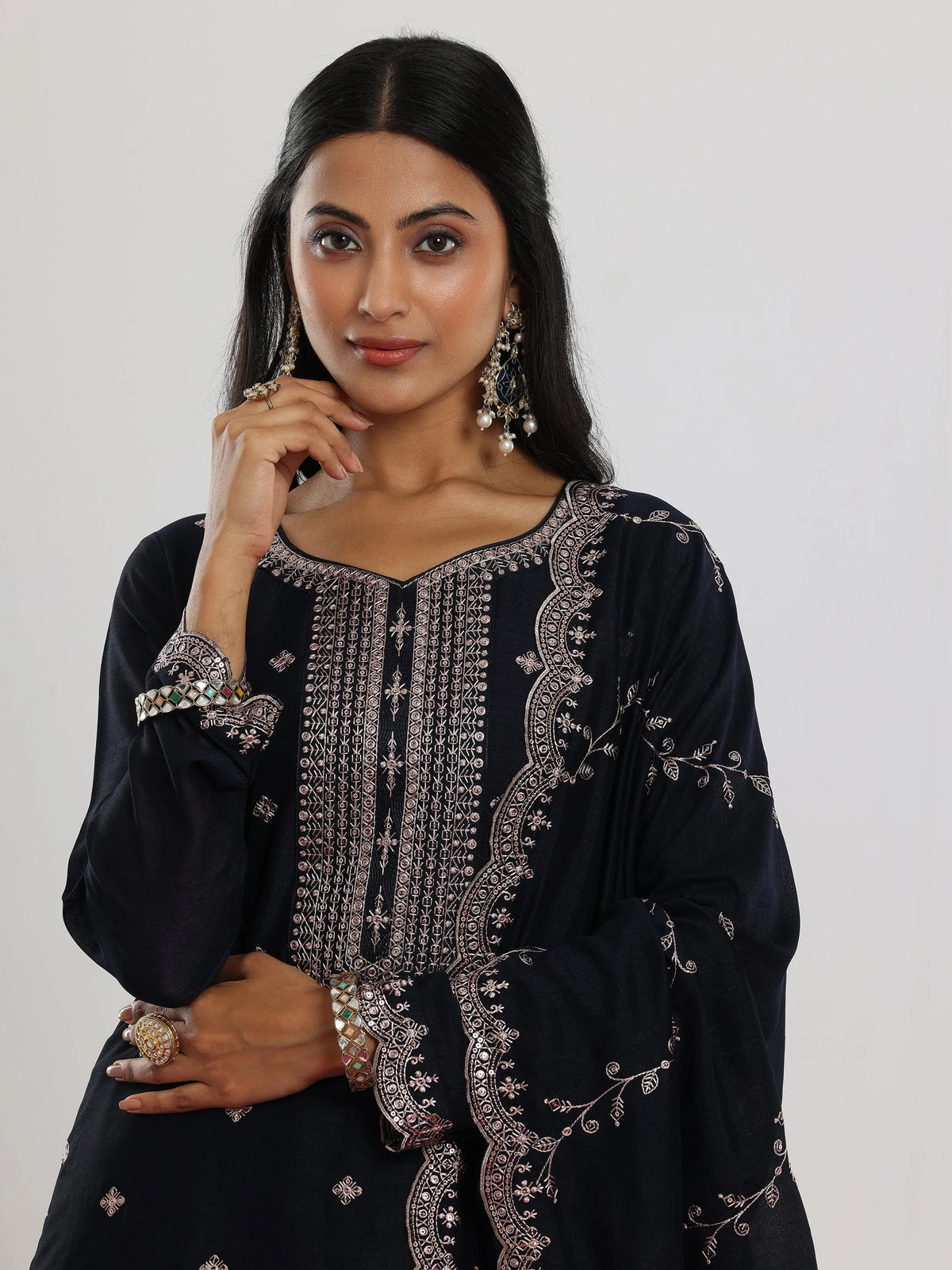 Anouk Navy Embroidered Silk Blend Straight Suit With Dupatta