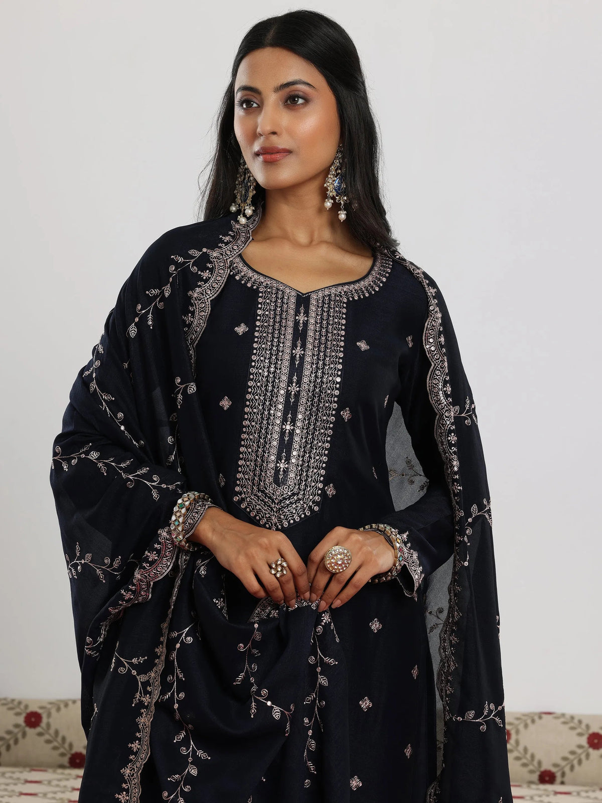 Anouk Navy Embroidered Silk Blend Straight Suit With Dupatta