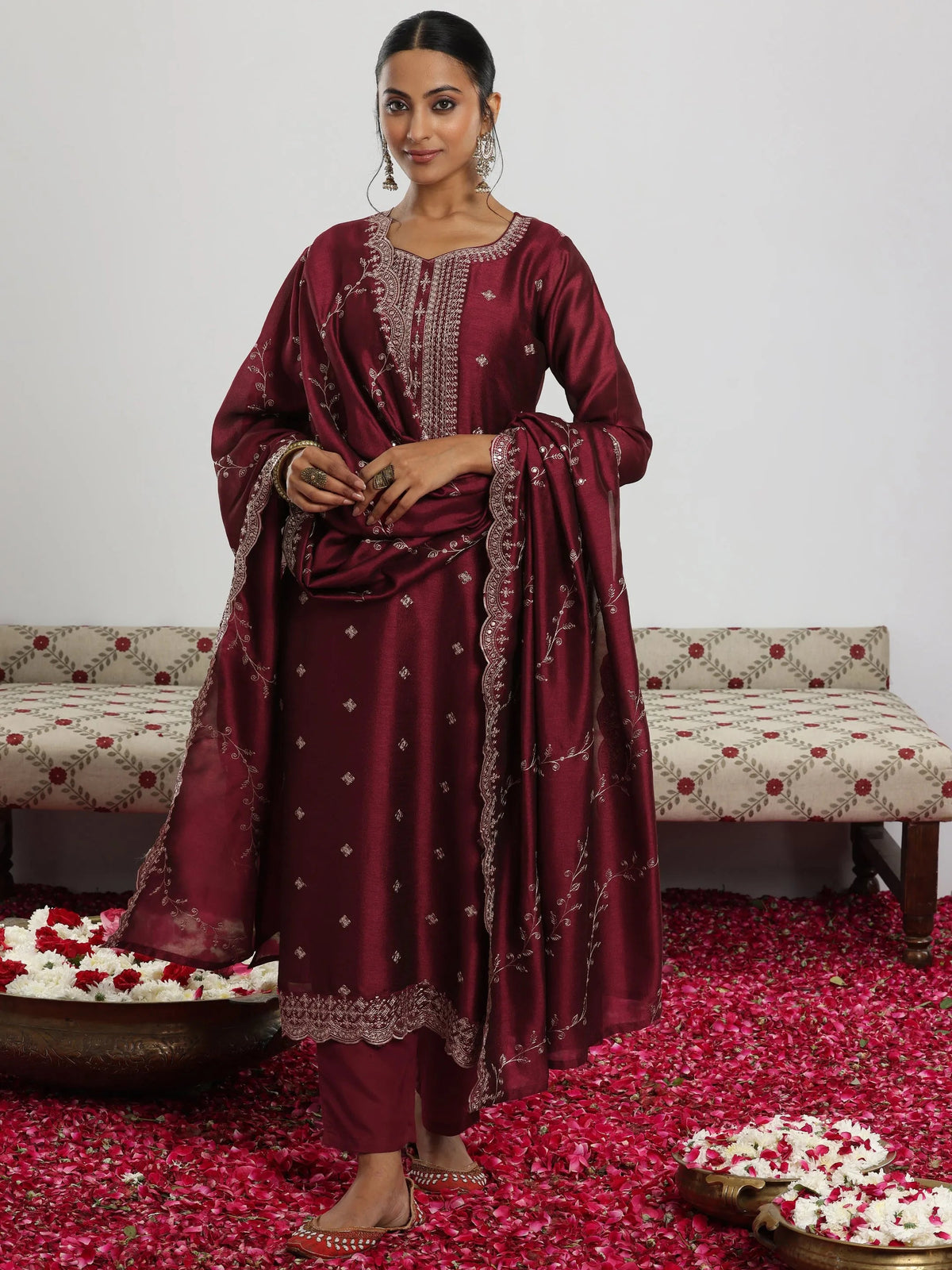 Anouk Maroon Embroidered Silk Blend Straight Suit With Dupatta
