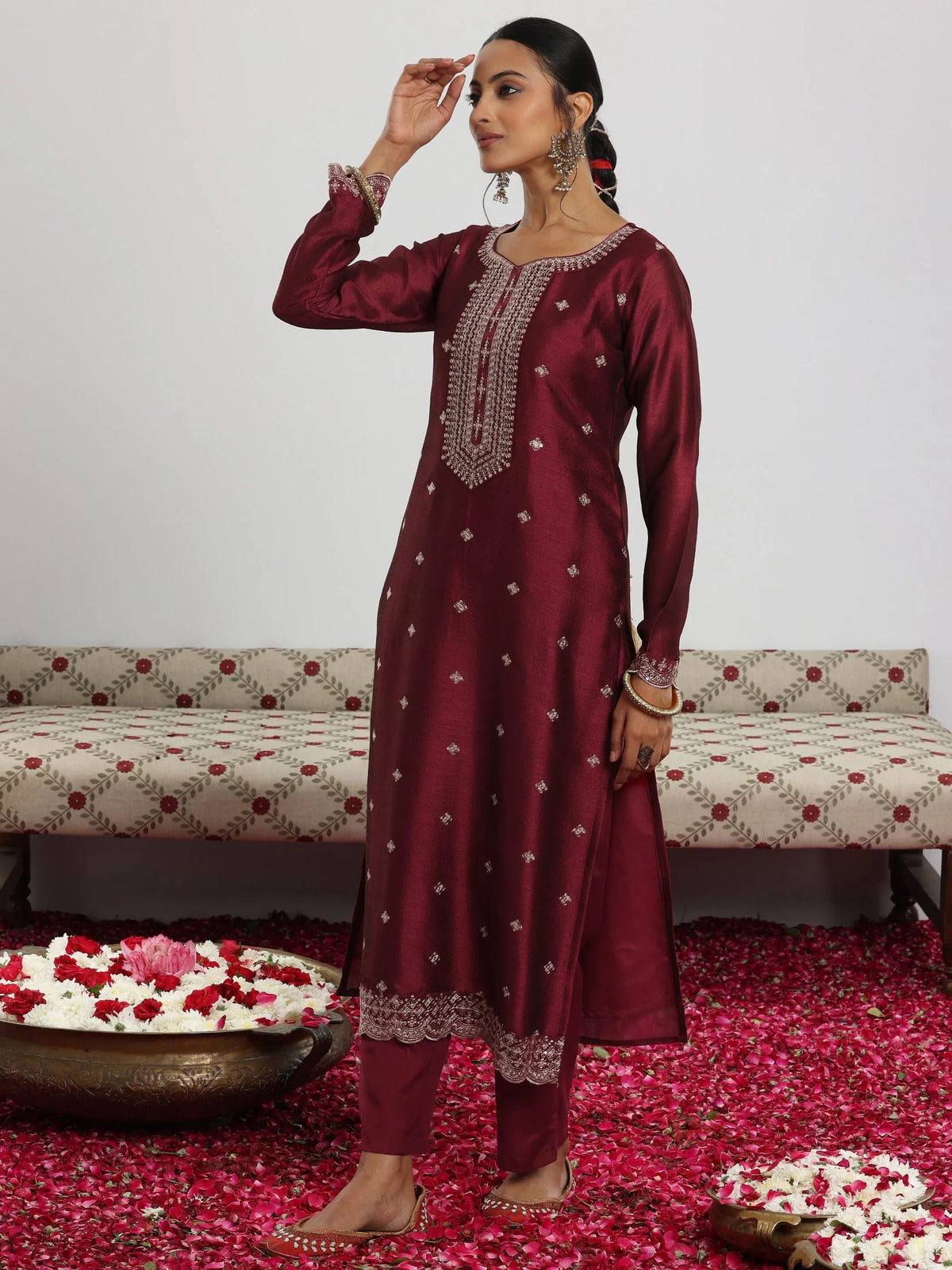 Anouk Maroon Embroidered Silk Blend Straight Suit With Dupatta