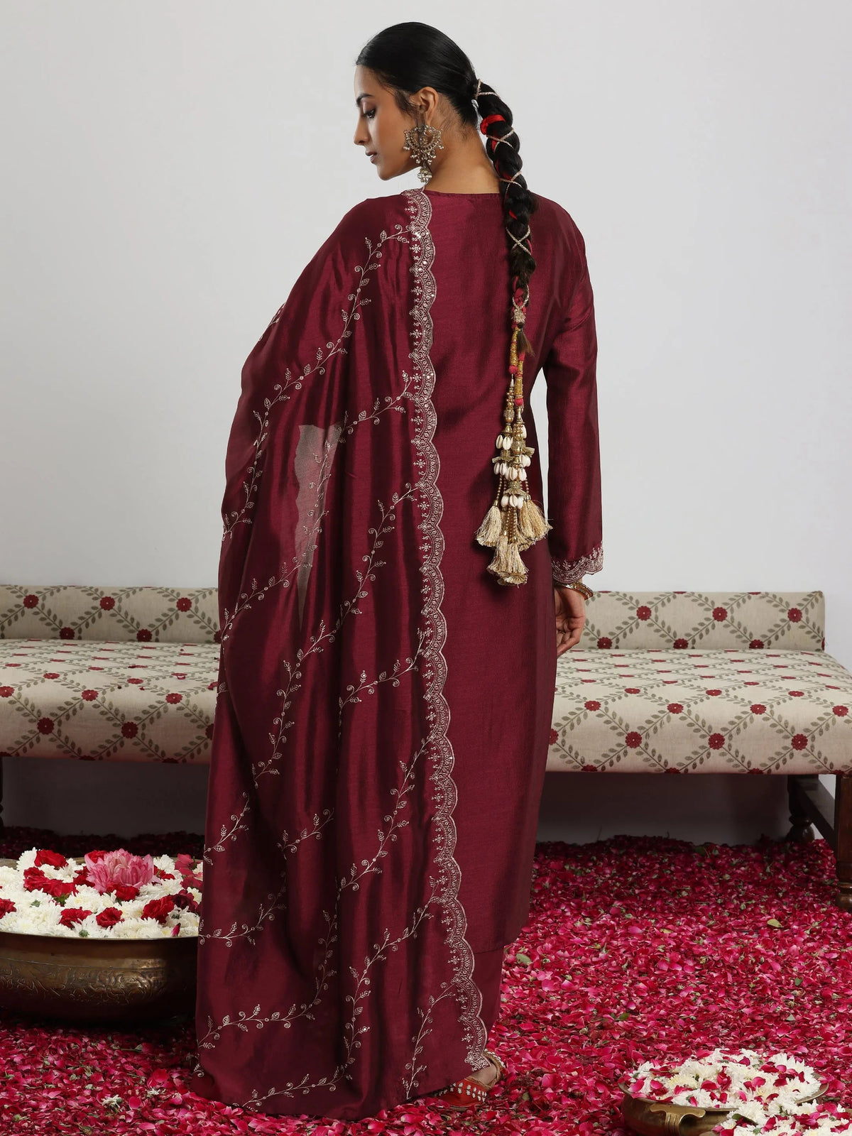 Anouk Maroon Embroidered Silk Blend Straight Suit With Dupatta