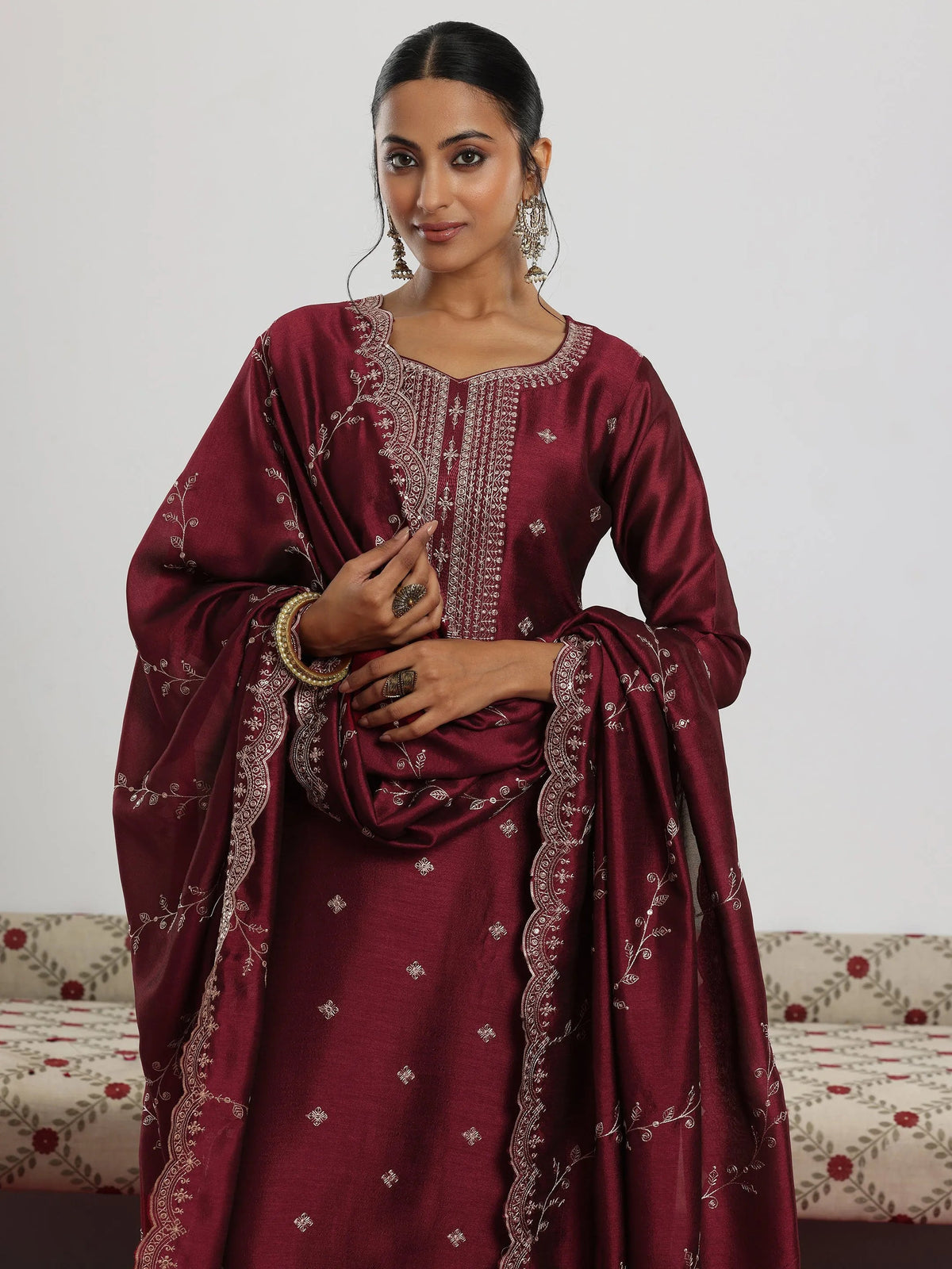Anouk Maroon Embroidered Silk Blend Straight Suit With Dupatta