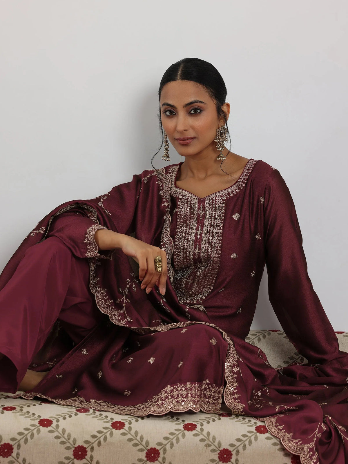 Anouk Maroon Embroidered Silk Blend Straight Suit With Dupatta