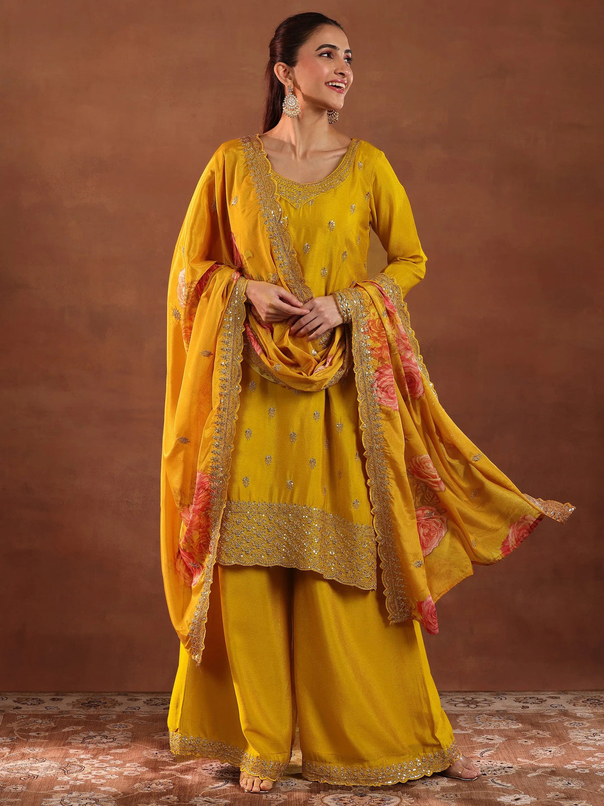 Anouk Mustard Embroidered Silk Blend Straight Suit With Dupatta