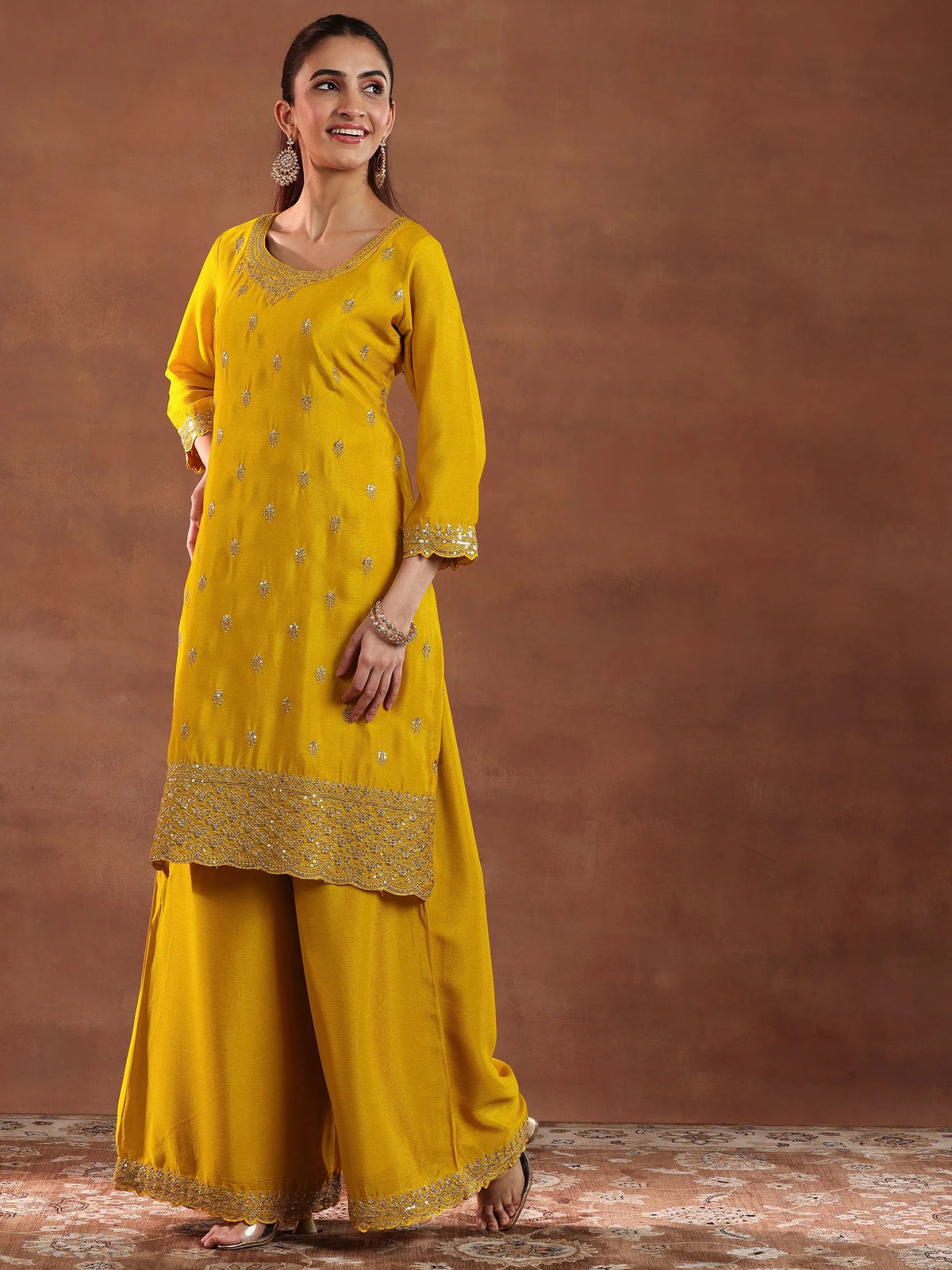 Anouk Mustard Embroidered Silk Blend Straight Suit With Dupatta