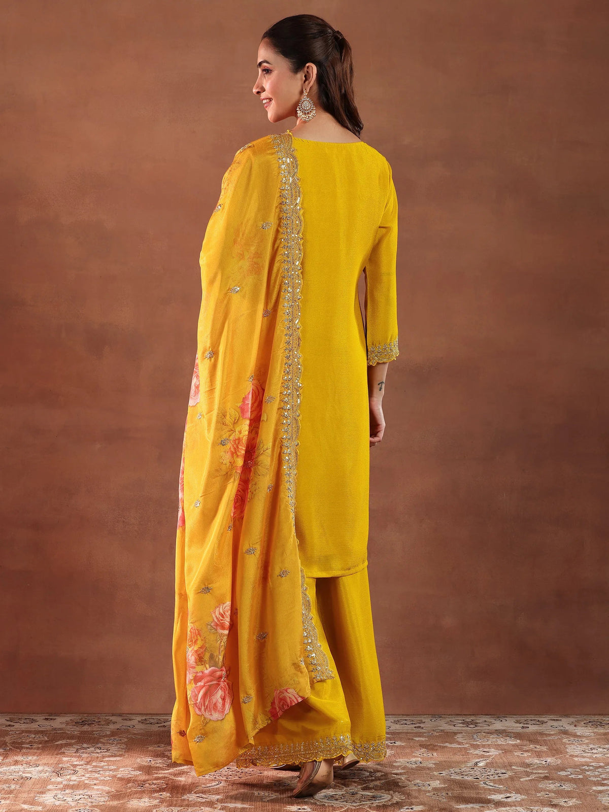 Anouk Mustard Embroidered Silk Blend Straight Suit With Dupatta