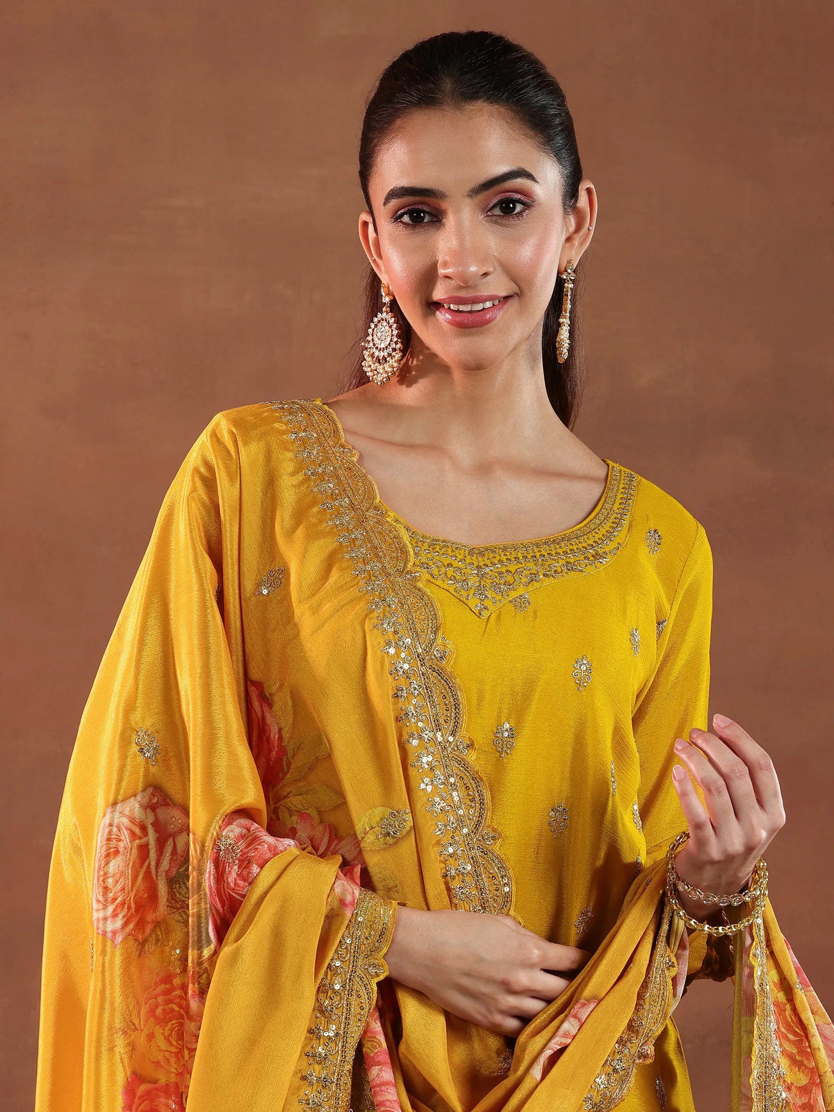 Anouk Mustard Embroidered Silk Blend Straight Suit With Dupatta