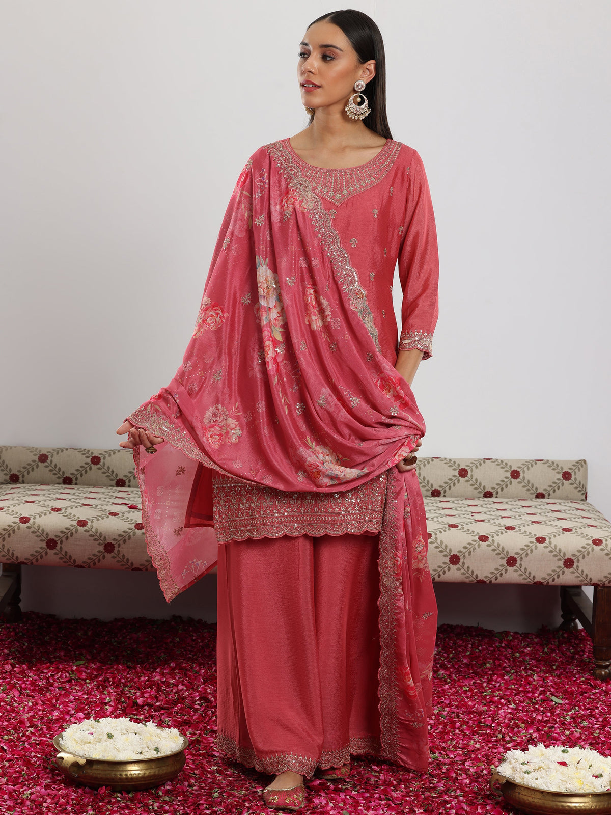 Anouk Pink Embroidered Silk Blend Straight Suit With Dupatta
