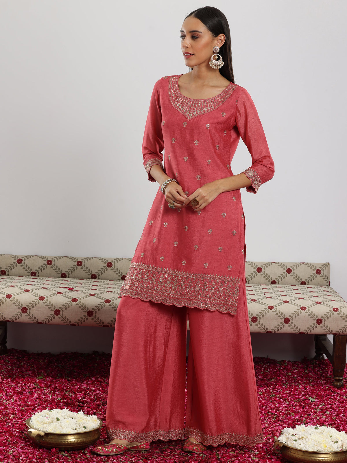 Anouk Pink Embroidered Silk Blend Straight Suit With Dupatta