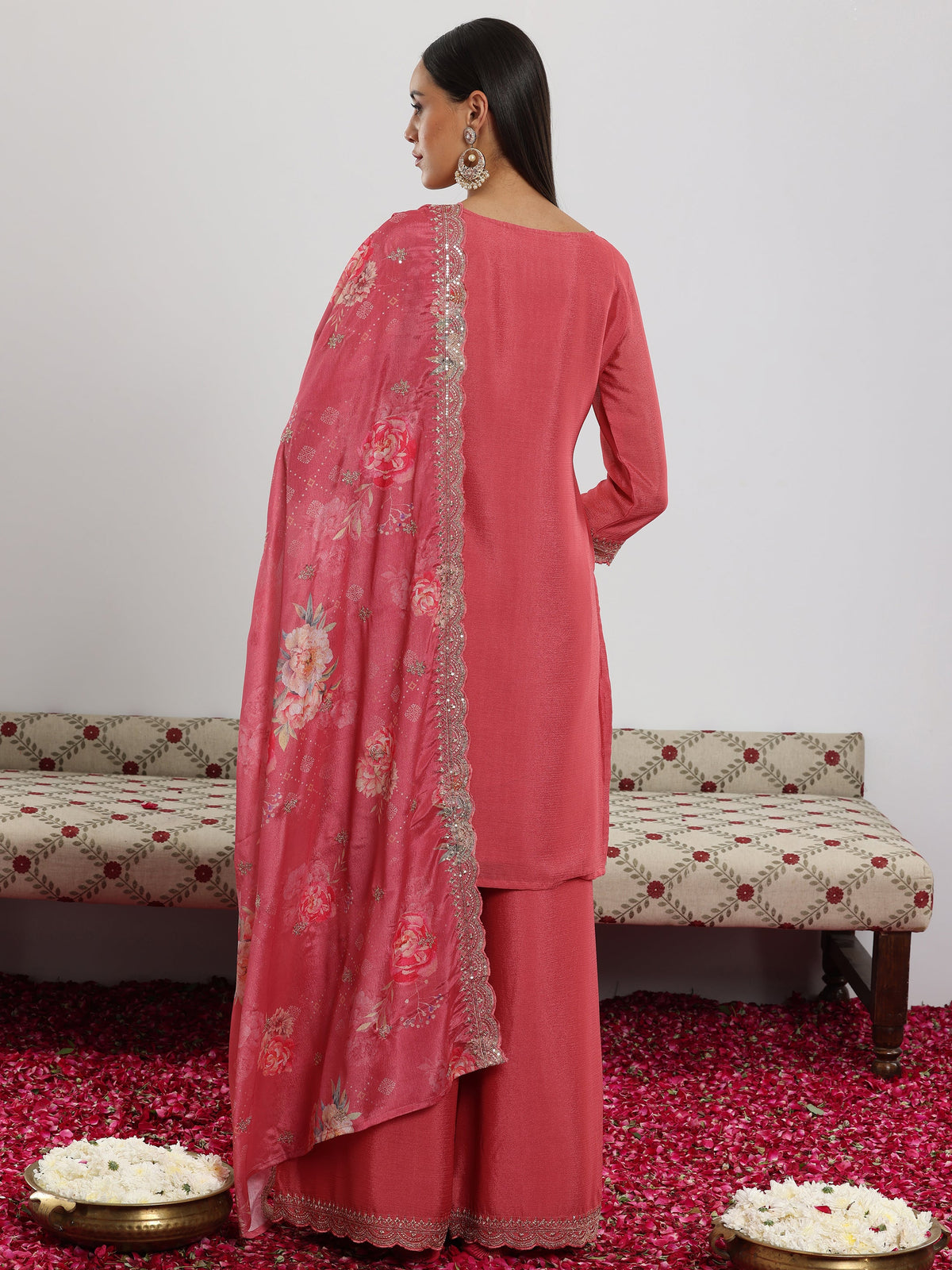 Anouk Pink Embroidered Silk Blend Straight Suit With Dupatta