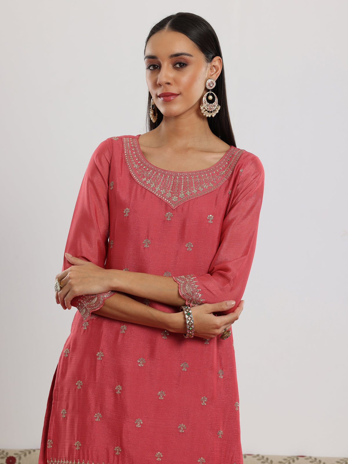 Anouk Pink Embroidered Silk Blend Straight Suit With Dupatta