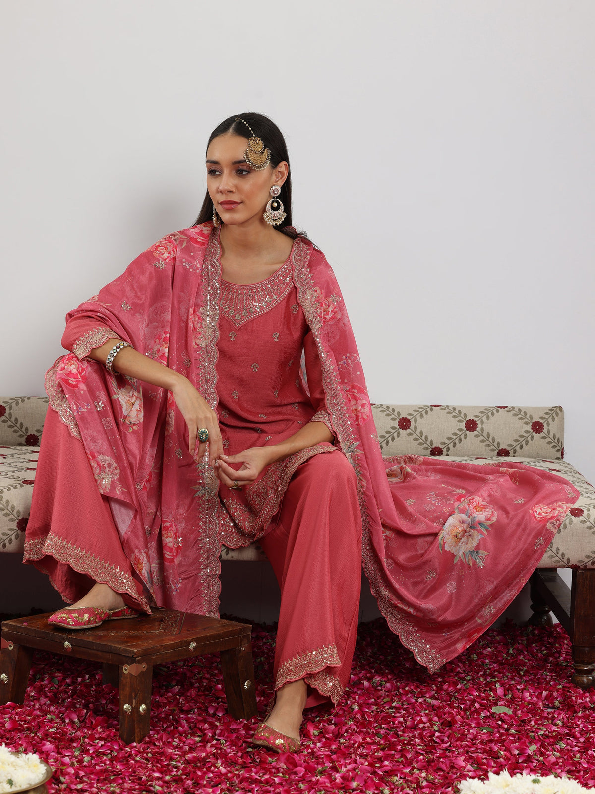 Anouk Pink Embroidered Silk Blend Straight Suit With Dupatta
