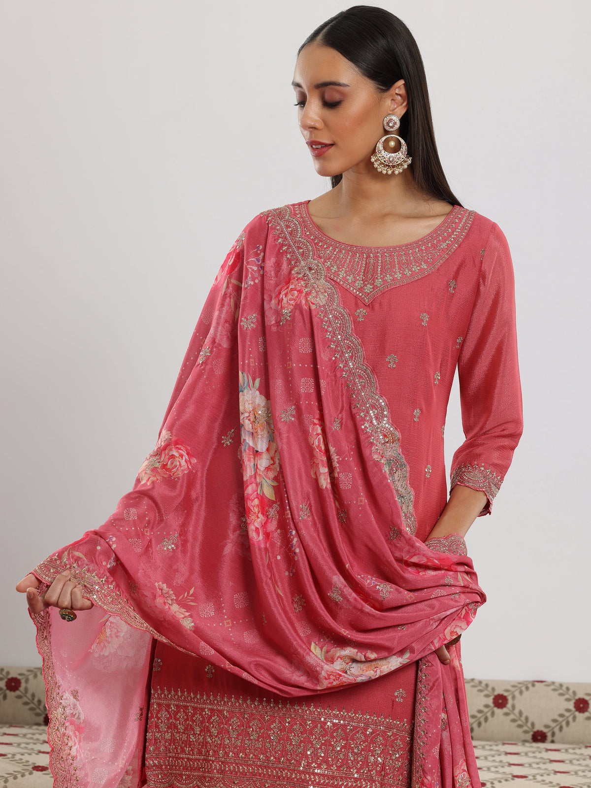 Anouk Pink Embroidered Silk Blend Straight Suit With Dupatta