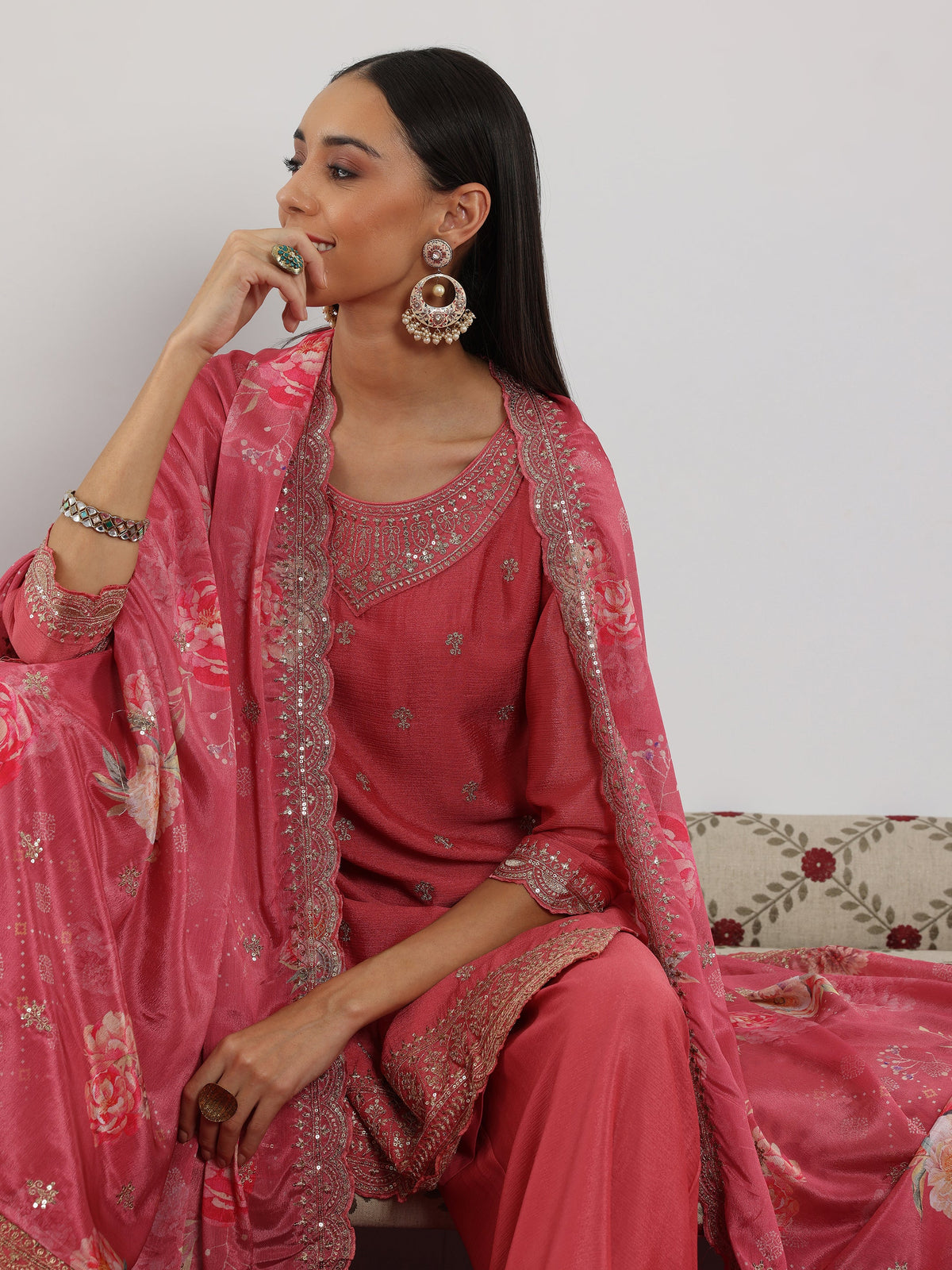 Anouk Pink Embroidered Silk Blend Straight Suit With Dupatta