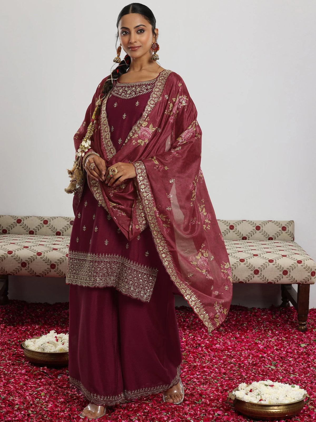 Anouk Maroon Embroidered Silk Blend Straight Suit With Dupatta