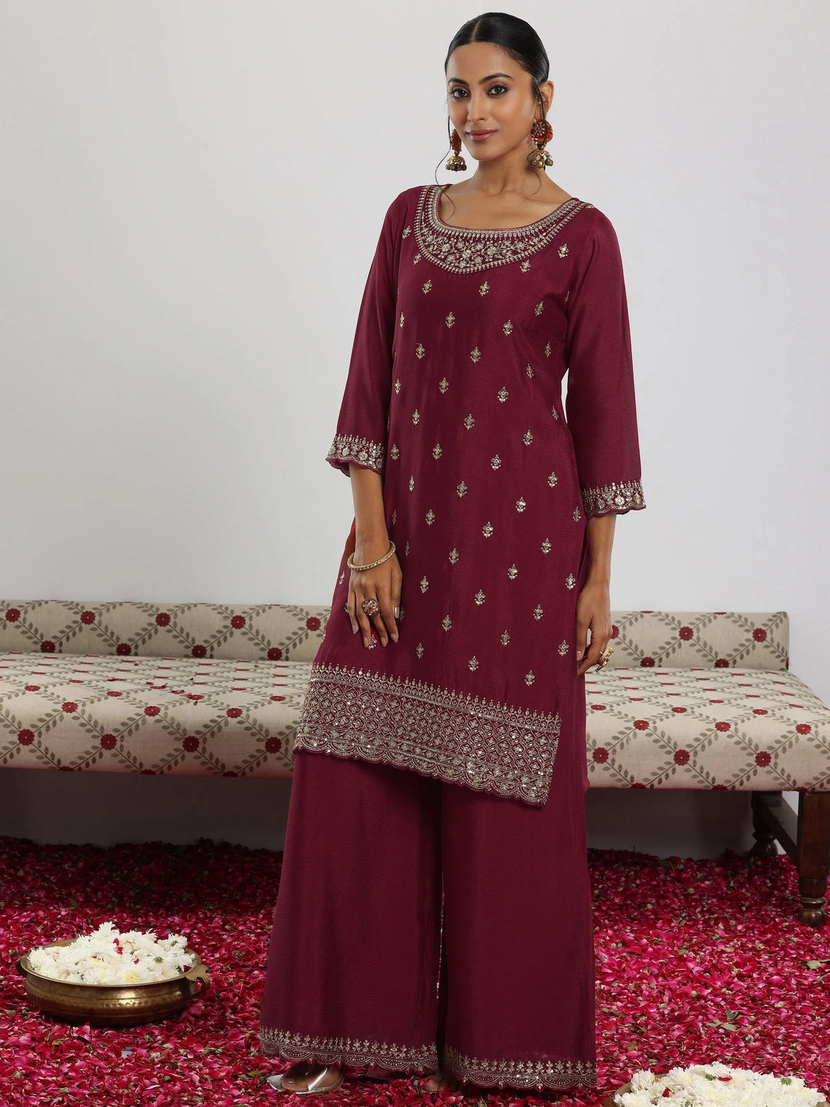 Anouk Maroon Embroidered Silk Blend Straight Suit With Dupatta
