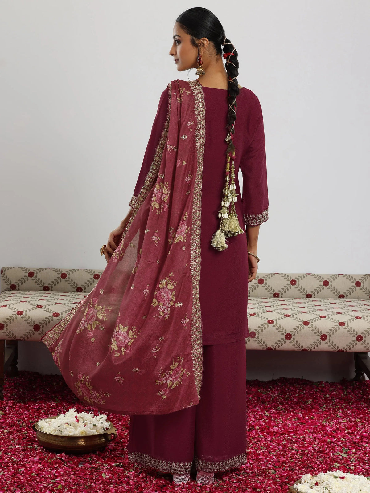Anouk Maroon Embroidered Silk Blend Straight Suit With Dupatta