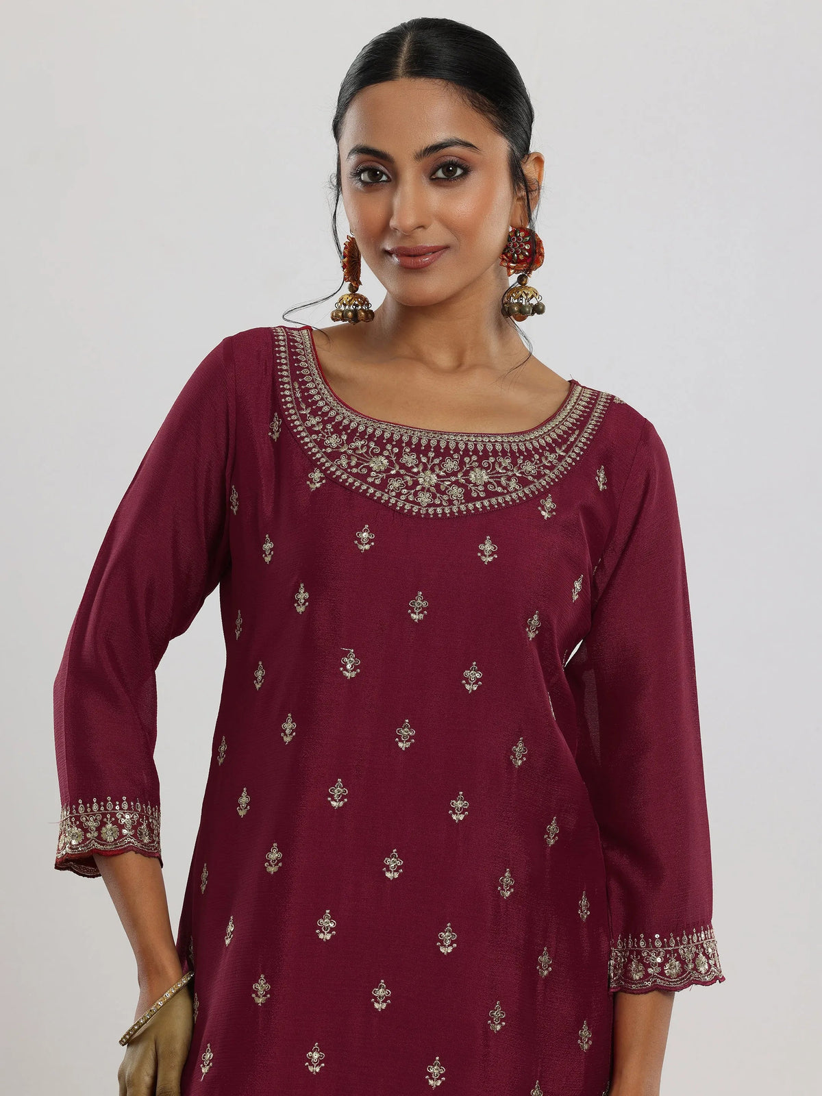 Anouk Maroon Embroidered Silk Blend Straight Suit With Dupatta