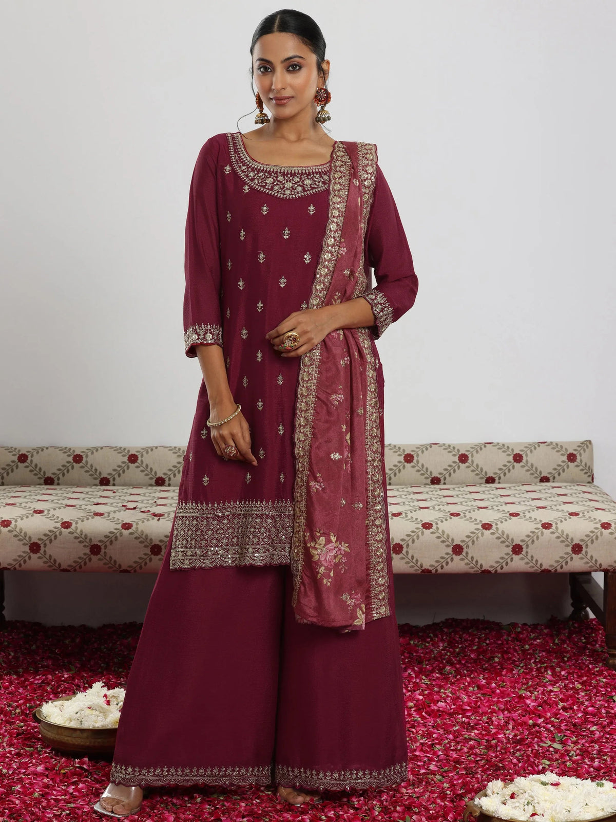 Anouk Maroon Embroidered Silk Blend Straight Suit With Dupatta