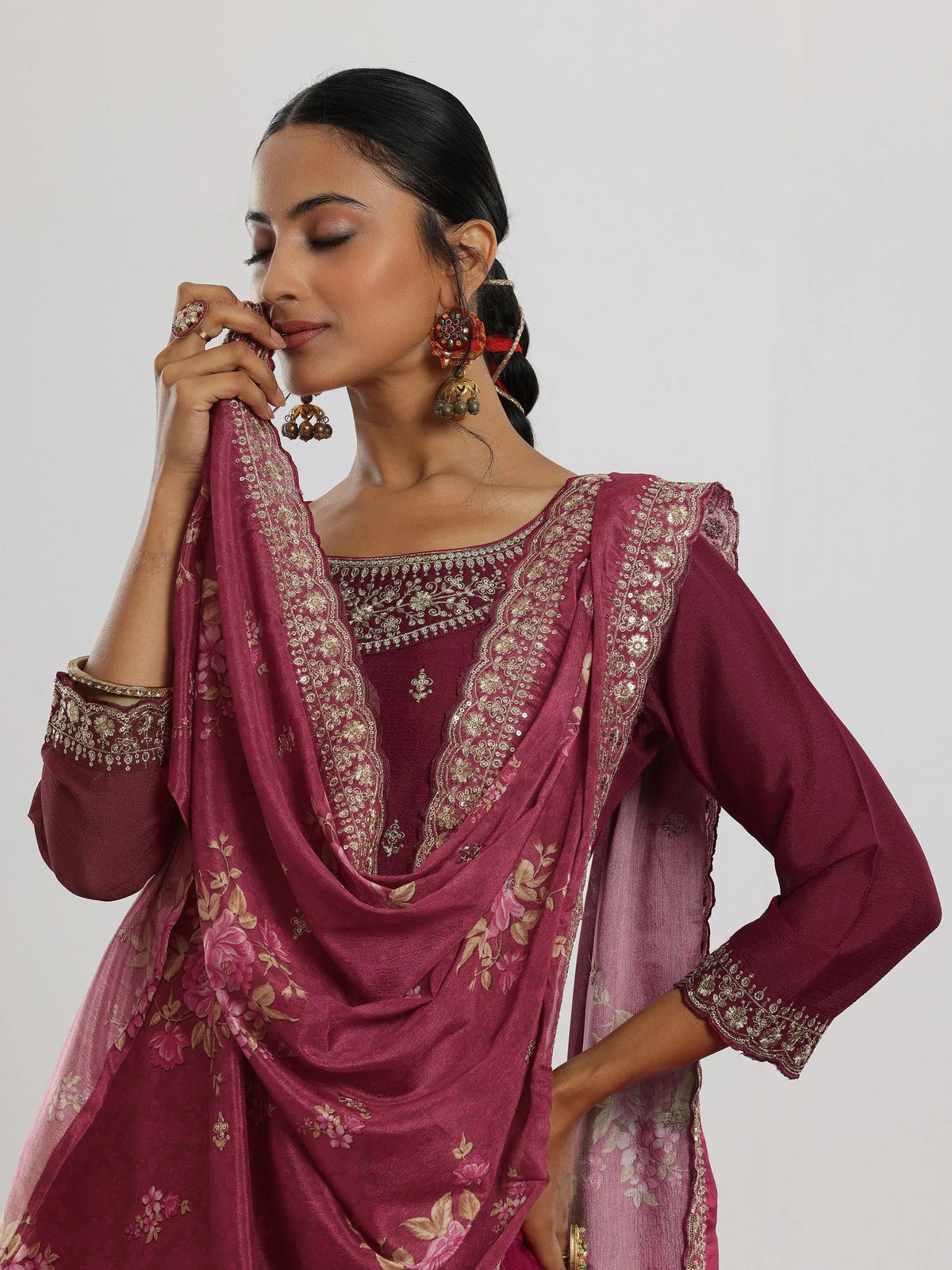 Anouk Maroon Embroidered Silk Blend Straight Suit With Dupatta