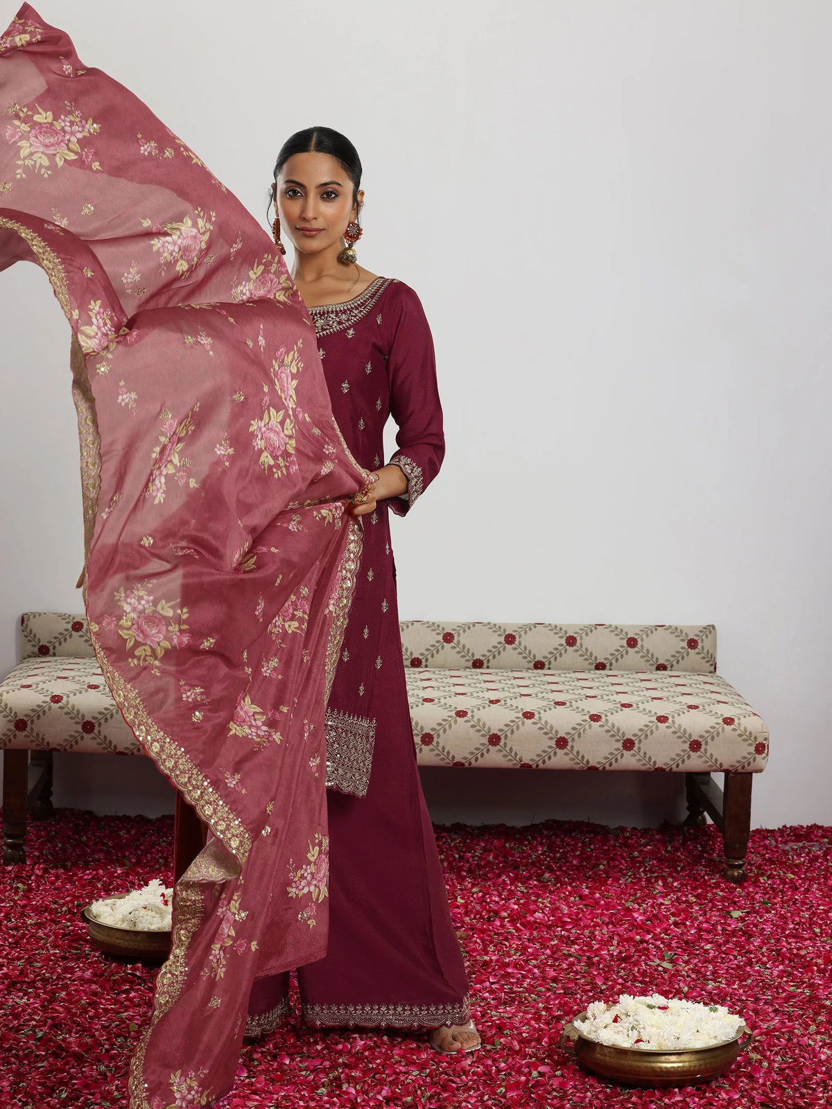 Anouk Maroon Embroidered Silk Blend Straight Suit With Dupatta