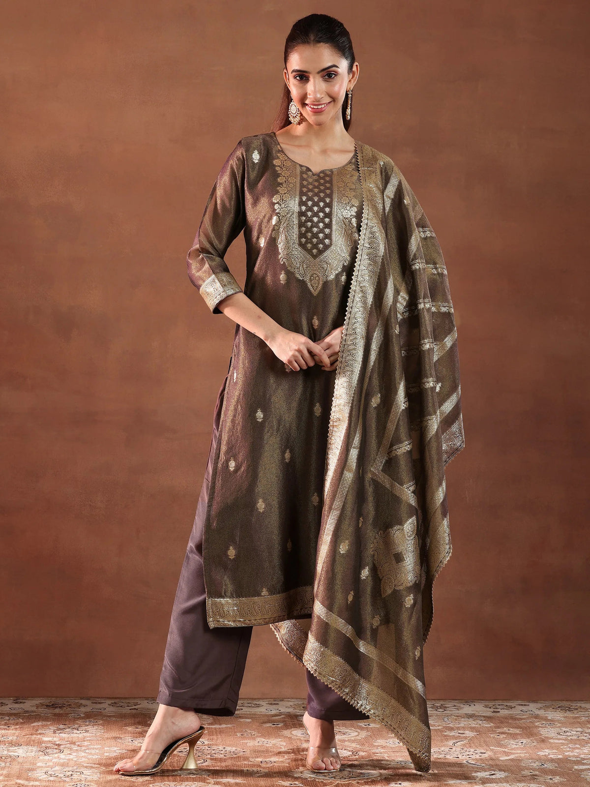 Anouk Brown Woven Design Silk Blend Straight Suit With Dupatta