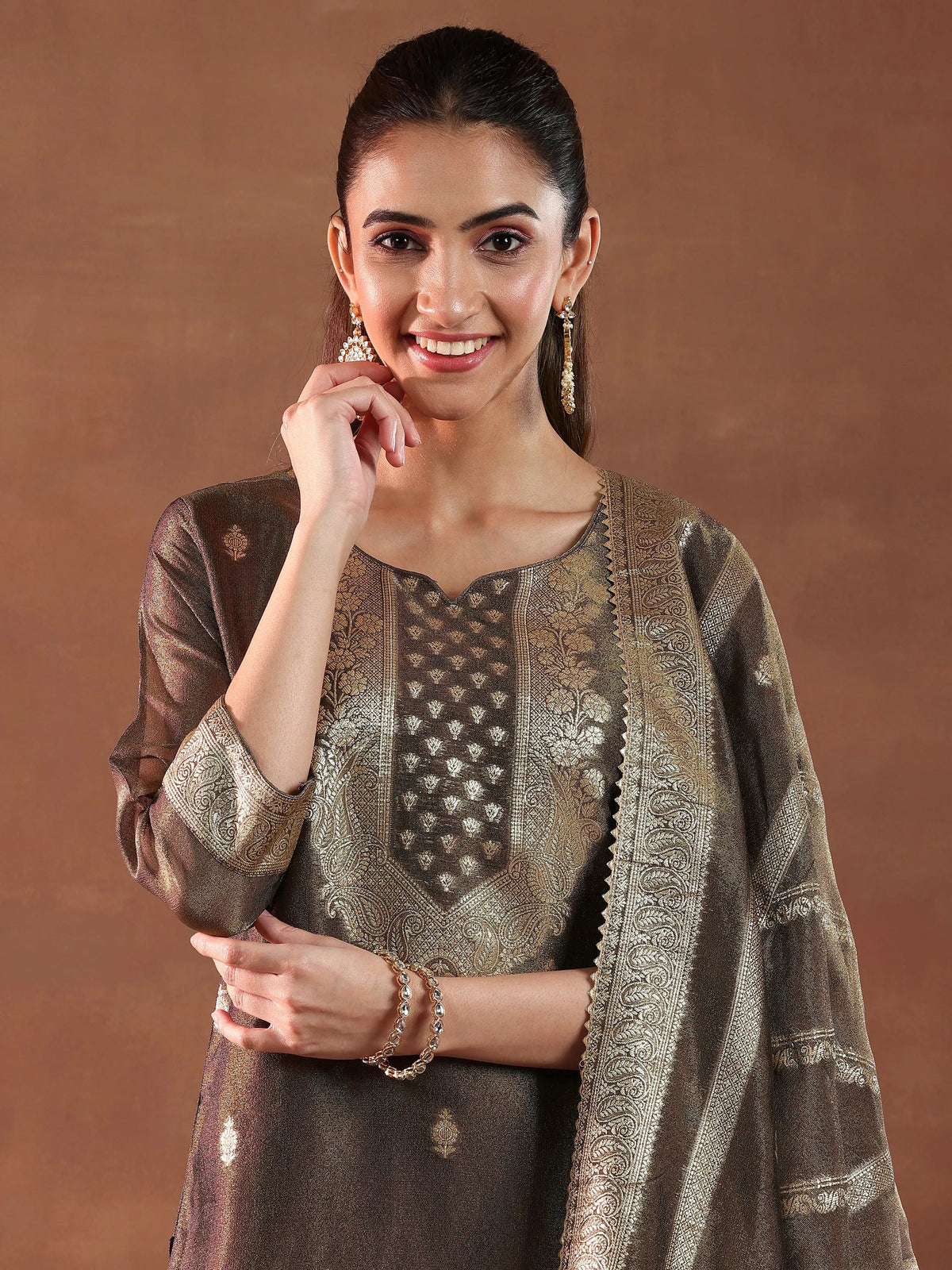 Anouk Brown Woven Design Silk Blend Straight Suit With Dupatta