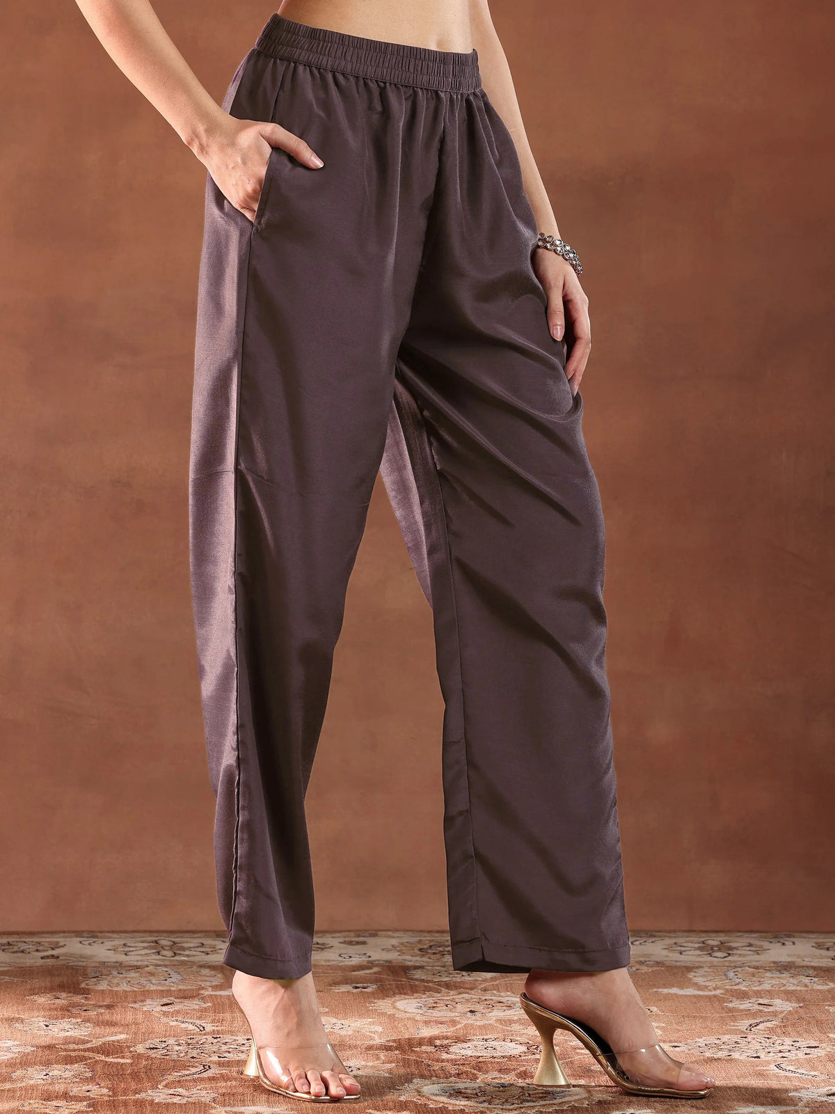 Anouk Brown Woven Design Silk Blend Straight Suit With Dupatta