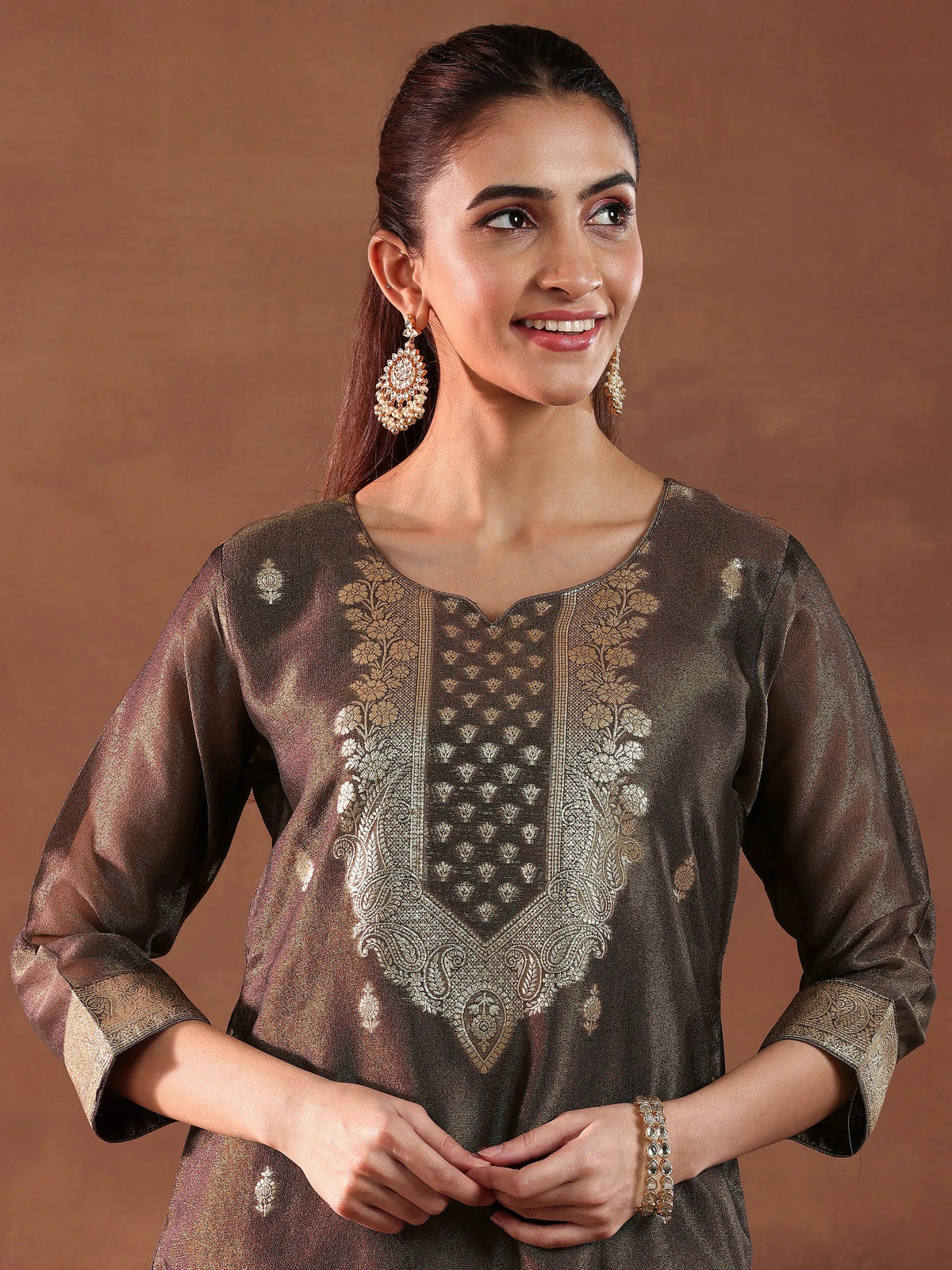 Anouk Brown Woven Design Silk Blend Straight Suit With Dupatta