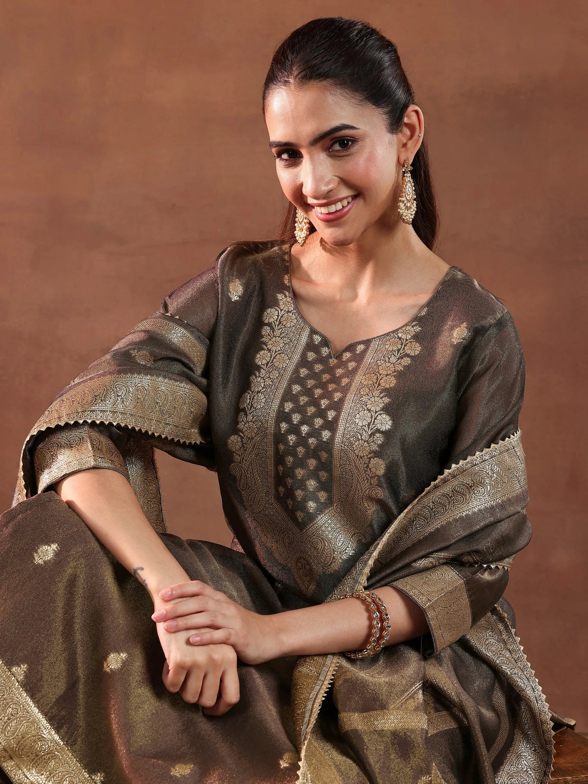 Anouk Brown Woven Design Silk Blend Straight Suit With Dupatta