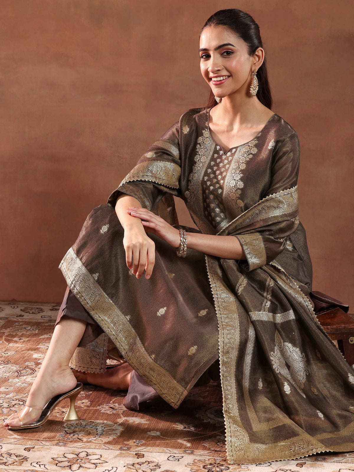 Anouk Brown Woven Design Silk Blend Straight Suit With Dupatta