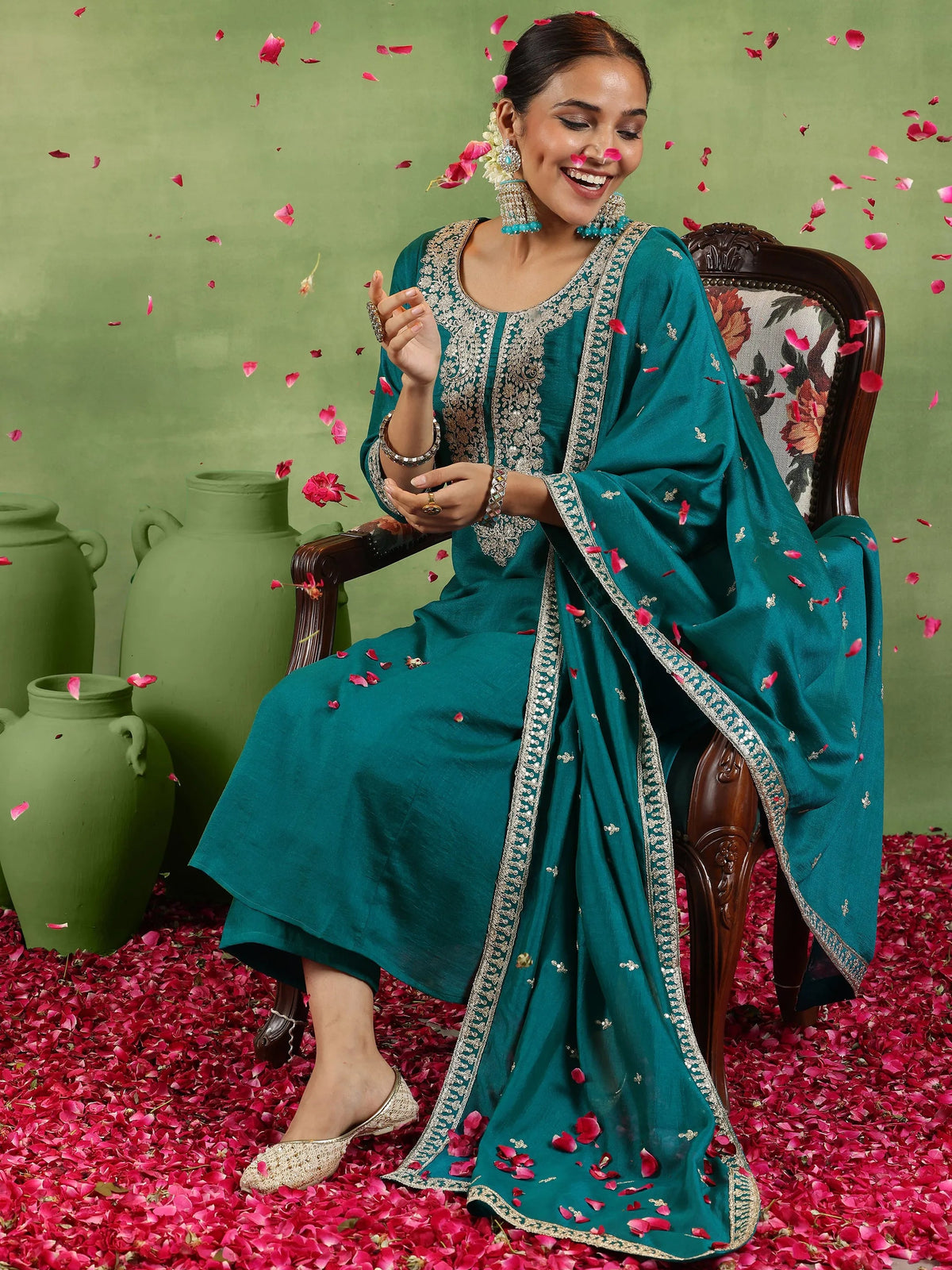 Anouk Green Yoke Design Silk Blend Anarkali Suit With Dupatta