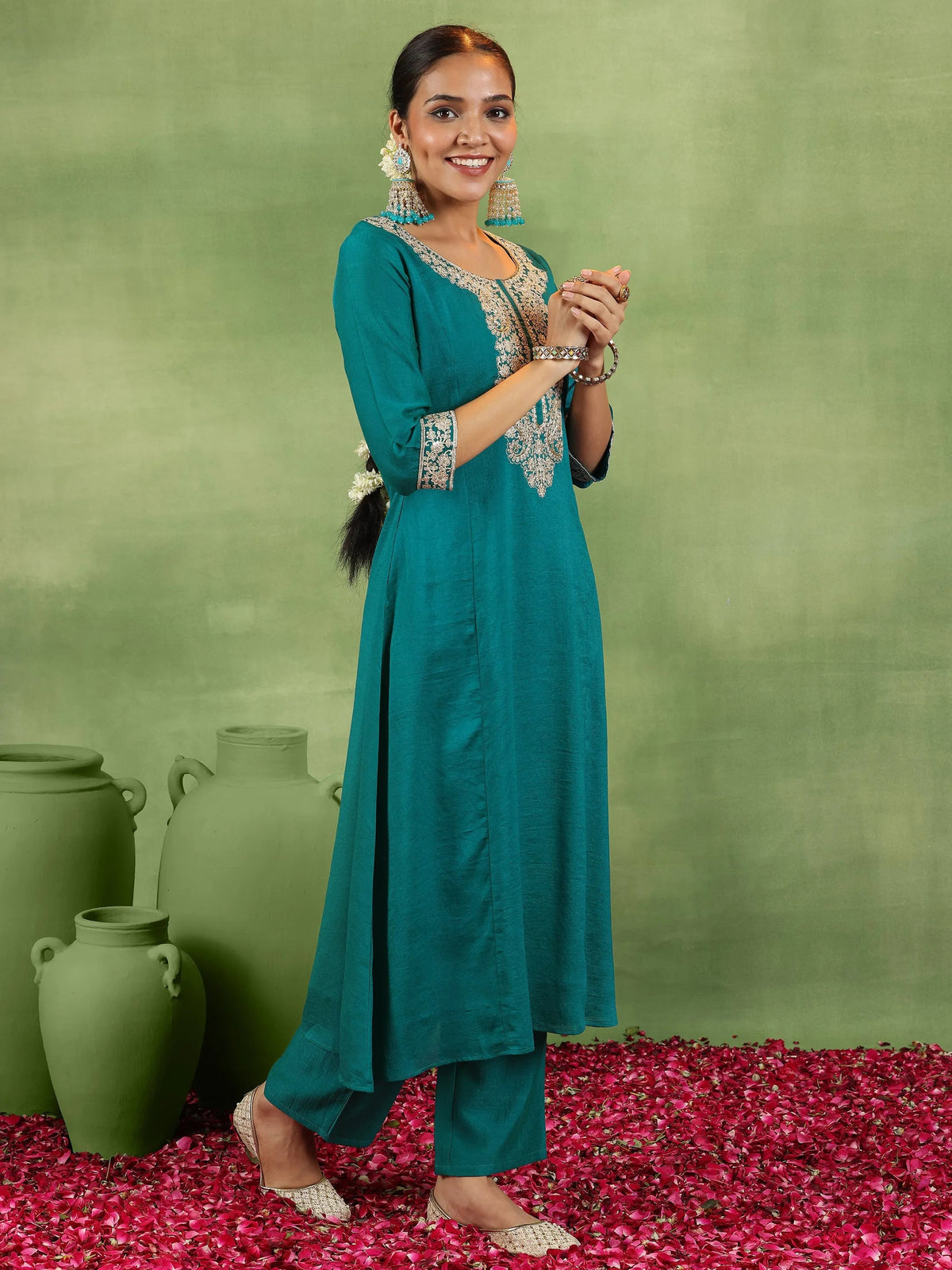 Anouk Green Yoke Design Silk Blend Anarkali Suit With Dupatta