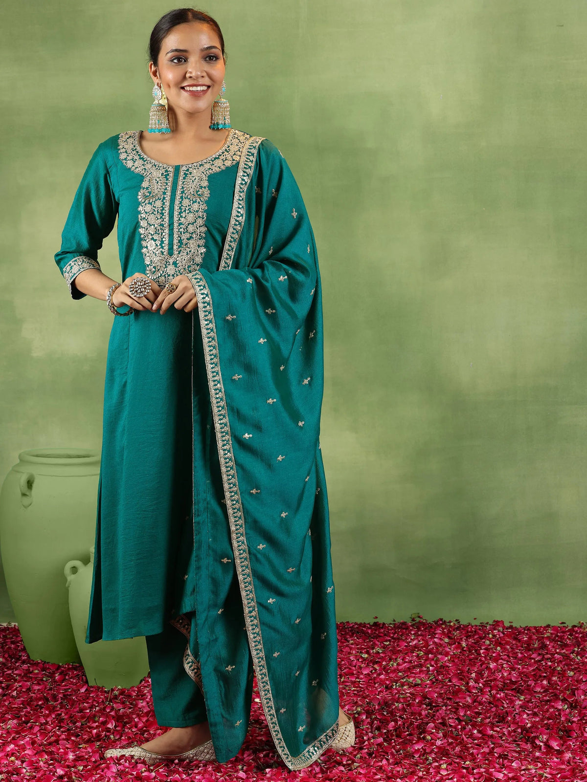 Anouk Green Yoke Design Silk Blend Anarkali Suit With Dupatta