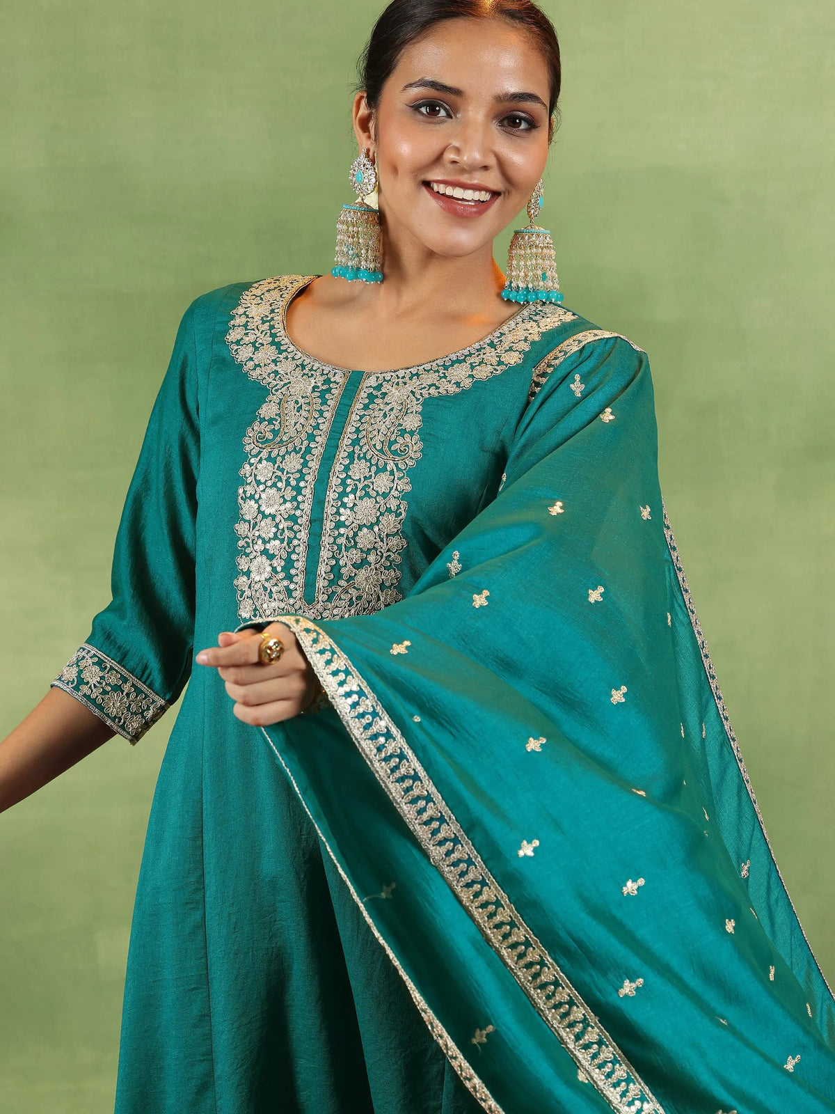 Anouk Green Yoke Design Silk Blend Anarkali Suit With Dupatta