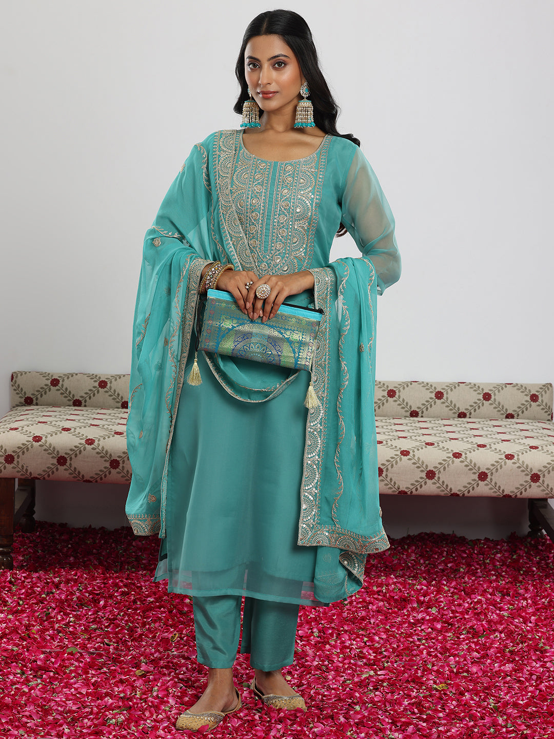 Anouk Sea Green Yoke Design Organza Straight Suit With Dupatta
