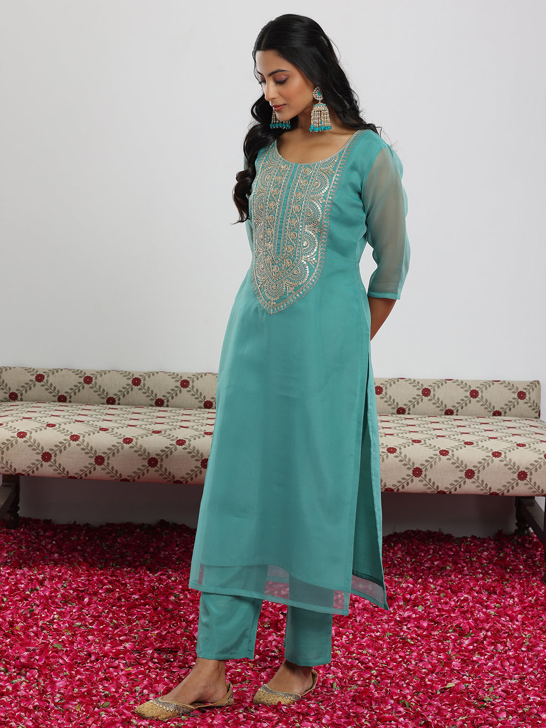 Anouk Sea Green Yoke Design Organza Straight Suit With Dupatta