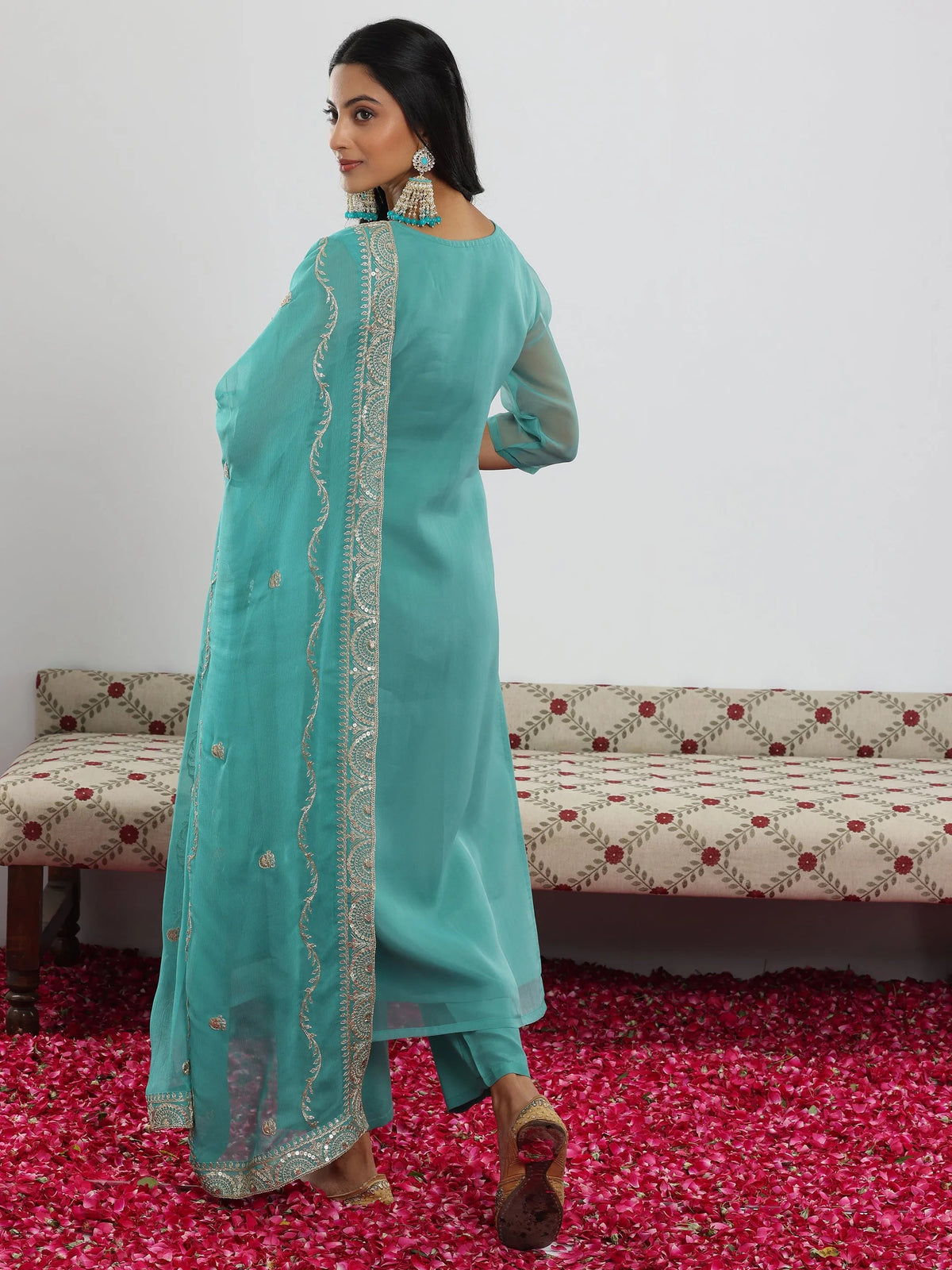 Anouk Sea Green Yoke Design Organza Straight Suit With Dupatta