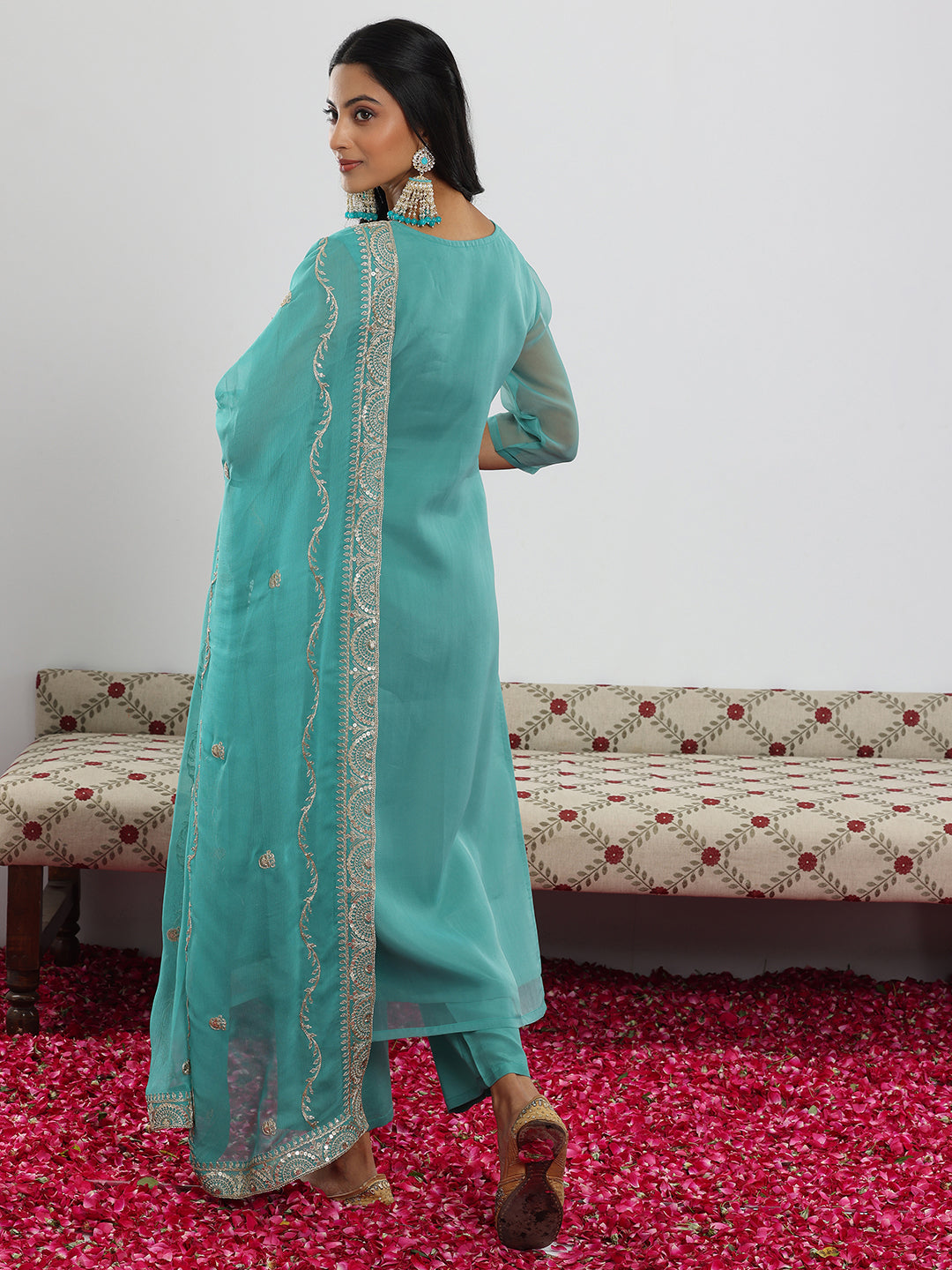 Anouk Sea Green Yoke Design Organza Straight Suit With Dupatta