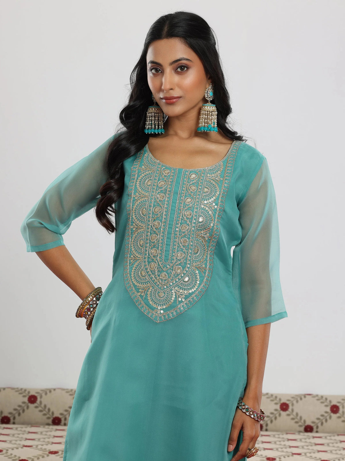 Anouk Sea Green Yoke Design Organza Straight Suit With Dupatta