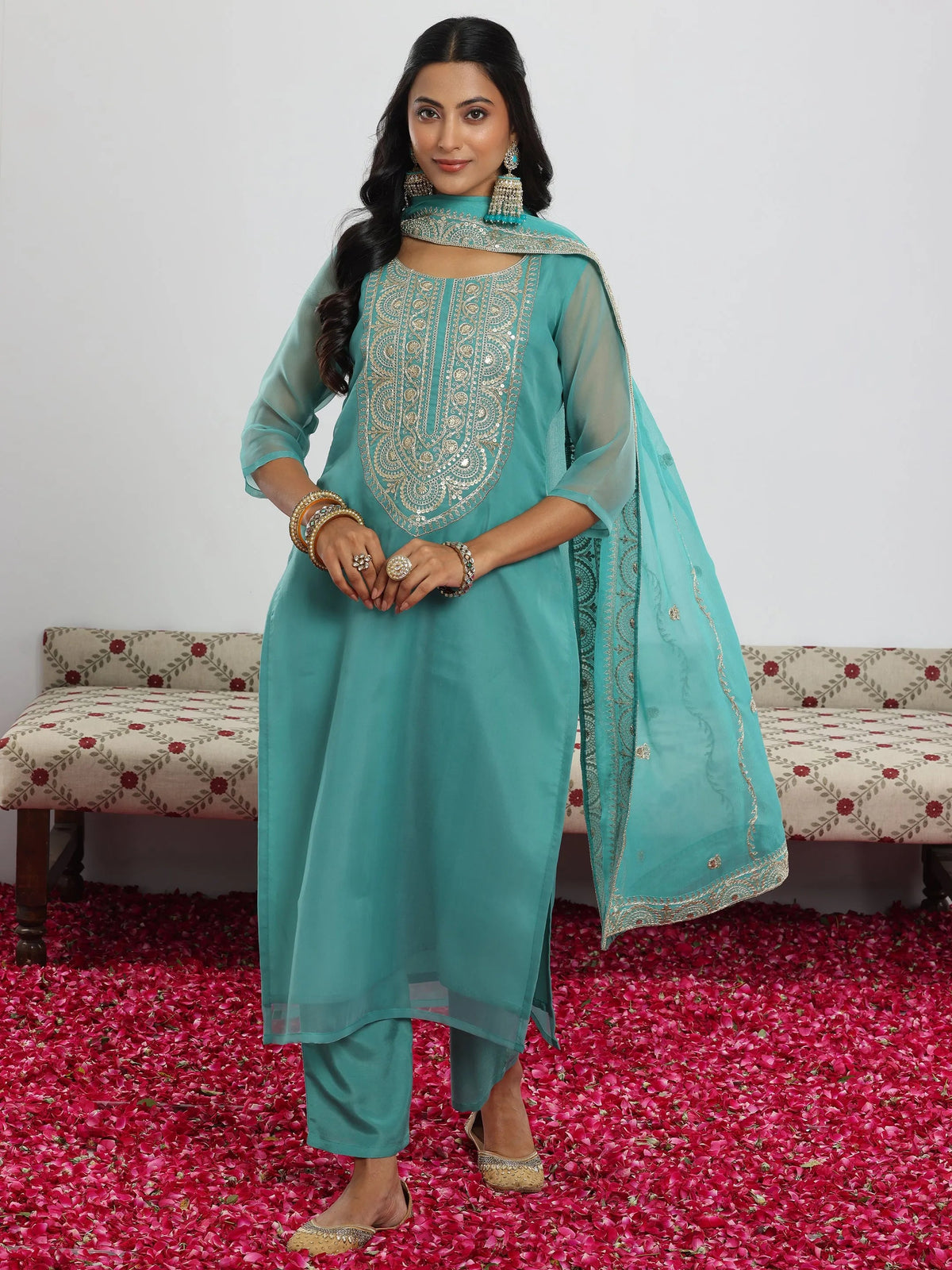 Anouk Sea Green Yoke Design Organza Straight Suit With Dupatta
