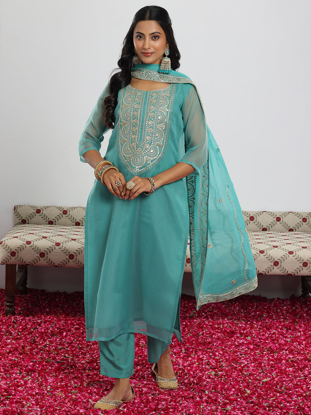 Anouk Sea Green Yoke Design Organza Straight Suit With Dupatta