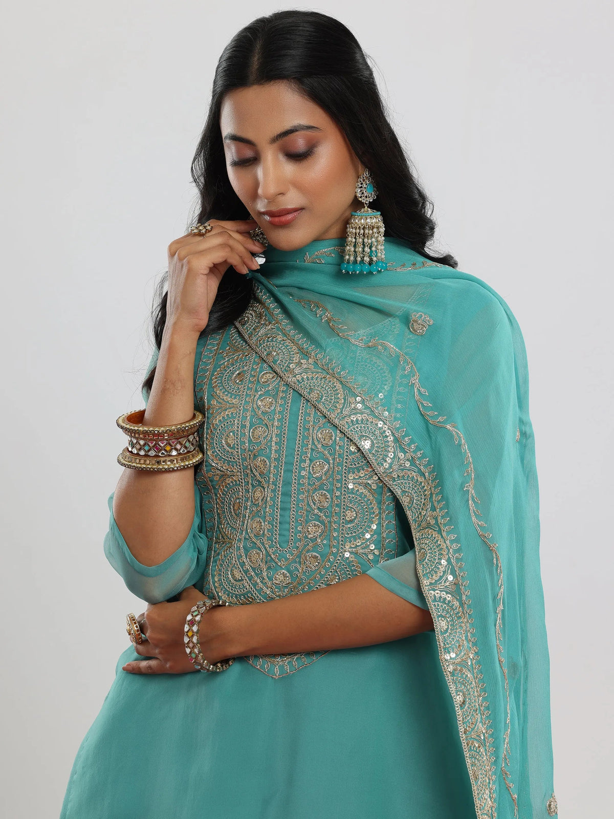 Anouk Sea Green Yoke Design Organza Straight Suit With Dupatta