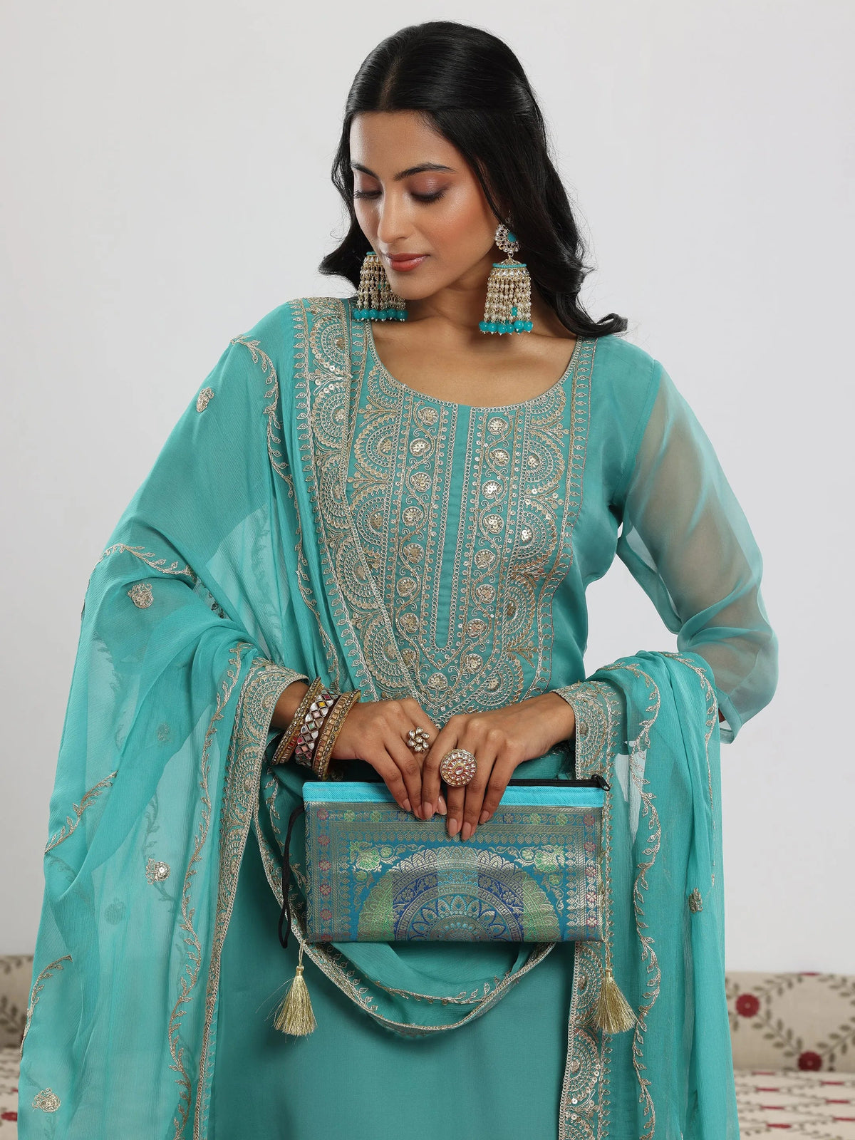 Anouk Sea Green Yoke Design Organza Straight Suit With Dupatta