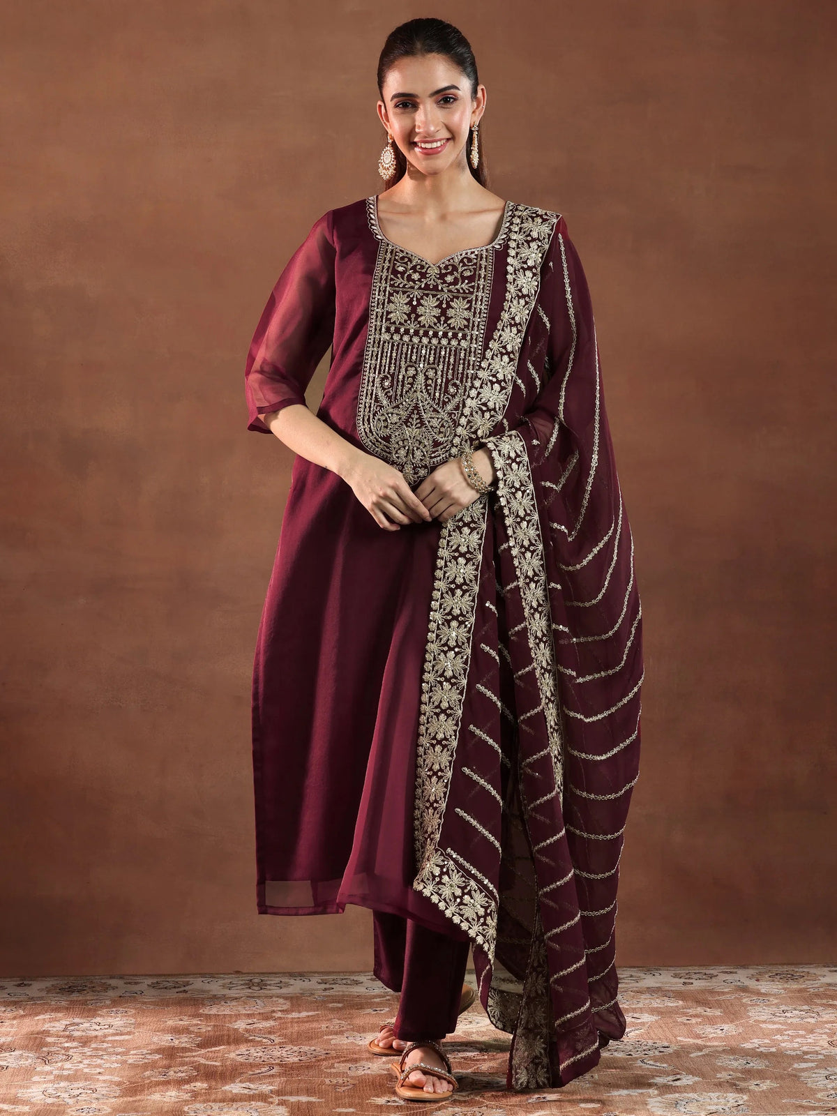 Anouk Maroon Yoke Design Organza Straight Suit With Dupatta