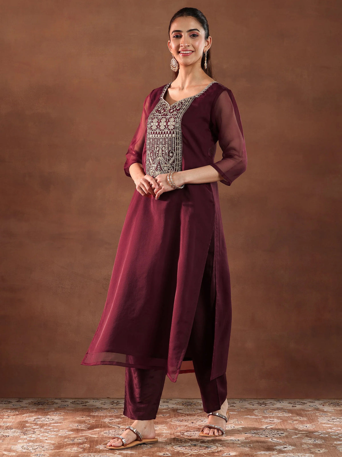 Anouk Maroon Yoke Design Organza Straight Suit With Dupatta